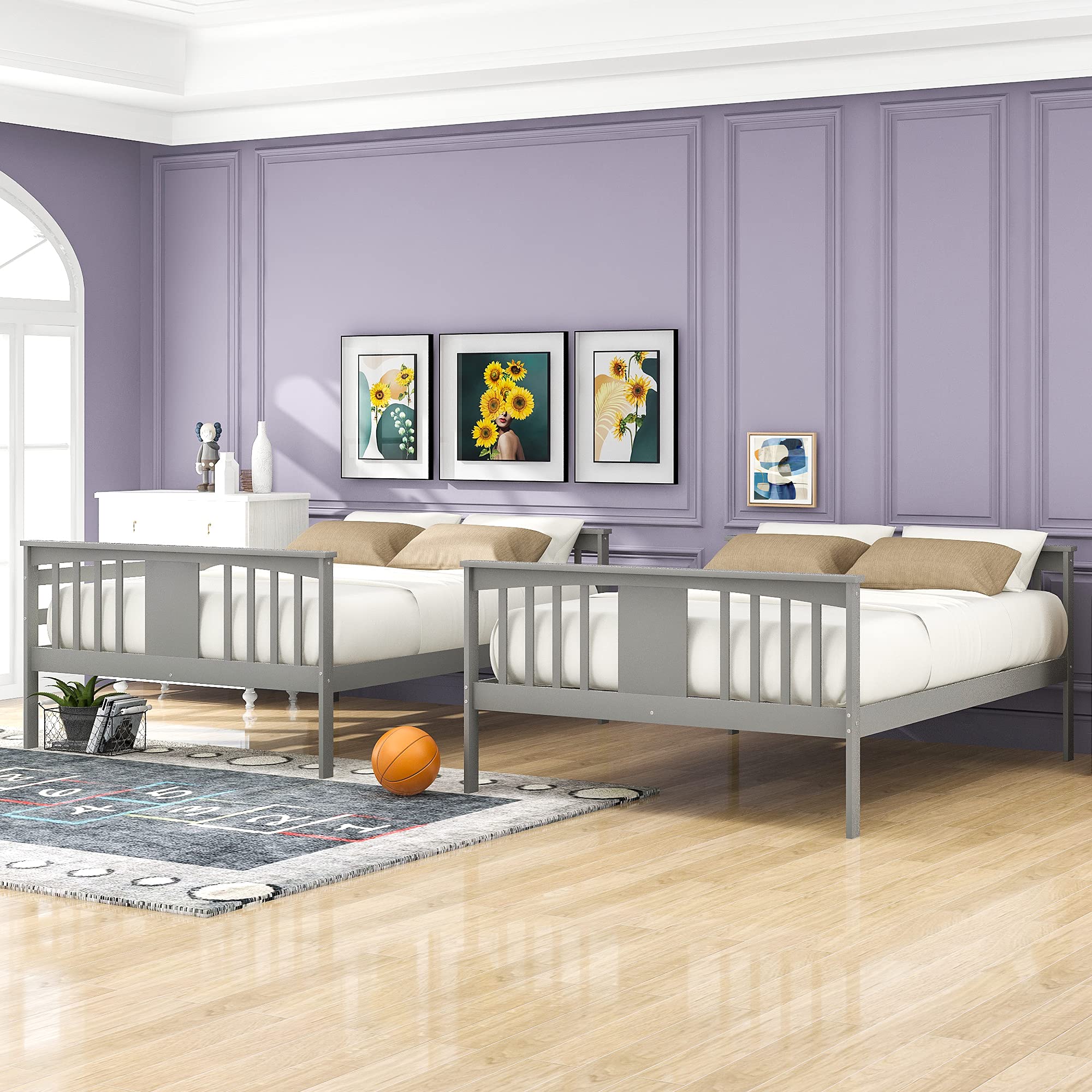 Solid Wood Full Over Full Bunk Bed Frame with Guard Rails & Ladder - Convertible to 2 Twin Beds for Kids, Teens & Adults - No Box Spring Needed - Space-Saving Grey Bunk Bed for Bedrooms, Dorms & Guest Rooms