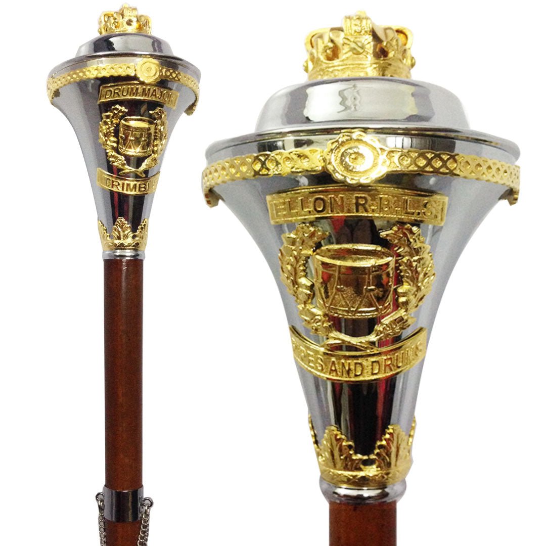 Custom Made Drum Major Mace Stave with Scrolls & Crown Top - Premium Marching Band Equipment for Parades, Ceremonies & Performances