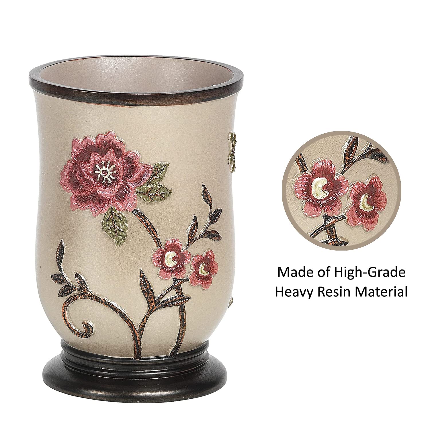 Larrisa Collection Rose Design Brown Bath Tumbler - Elegant & Popular Bathroom Accessory for Spa, Home Decor, and Gift Giving