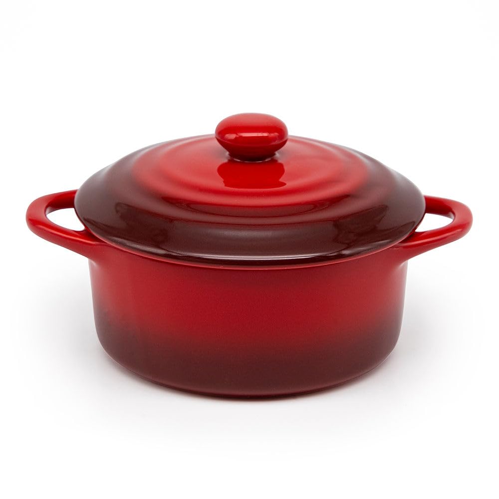 Kook Ceramic Mini Cocotte Set - 4-Piece 12oz Small Casserole Dishes with Lids | Oven, Microwave & Dishwasher Safe Stoneware Ramekins | Perfect for Individual Baking, French Onion Soup & Dessert Serving | Crimson Ombre Color