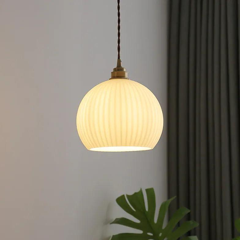Modern Spherical Glass Striped Minimalist Pendant Light - Elegant Hanging Fixture for Dining Room, Kitchen Island, or Living Room Decor