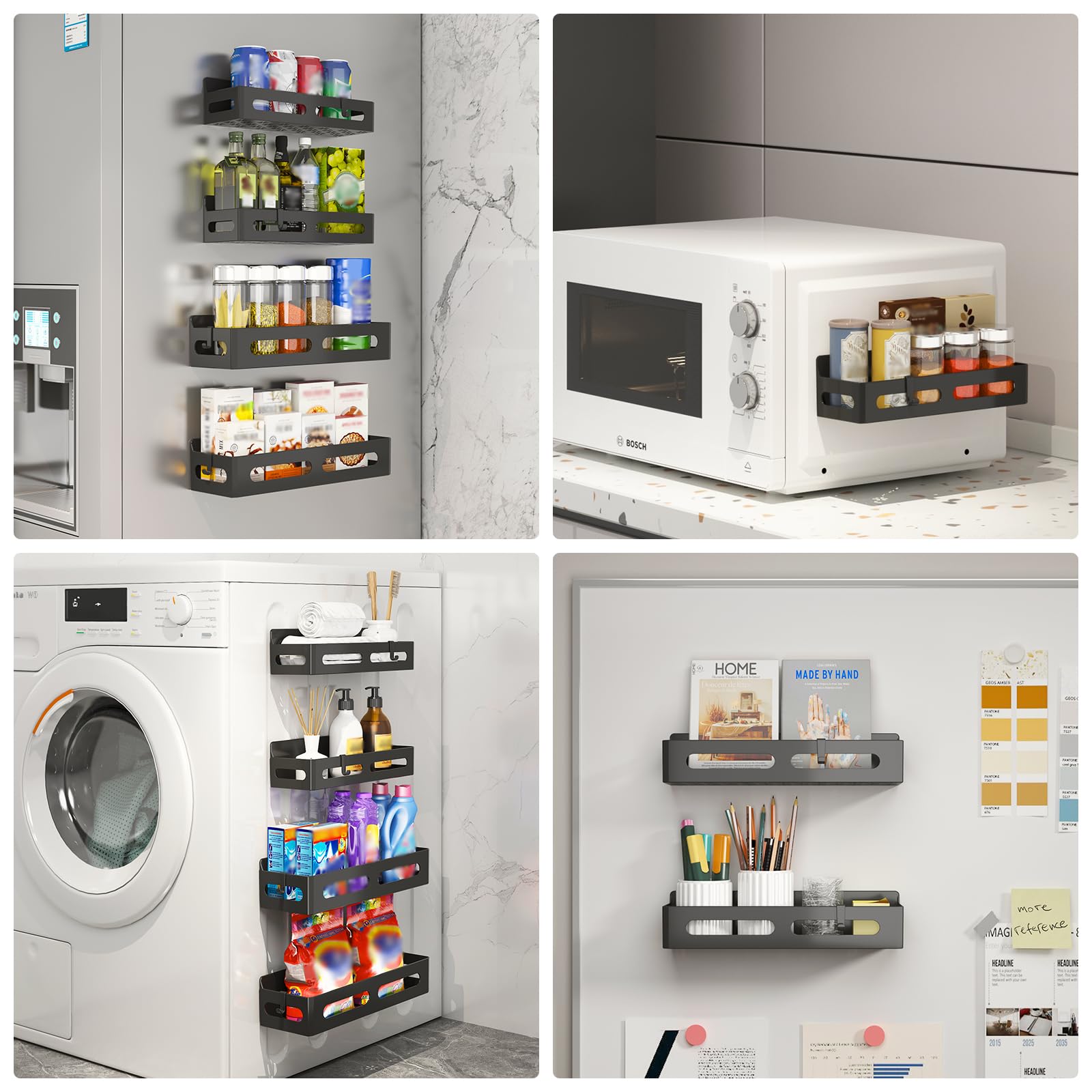4 Pack Magnetic Spice Rack for Refrigerator - Space Saving Spice Organizer with 4 Hooks - Strong Magnetic Shelf for Kitchen, Pantry & Oven Storage - Perfect for Organizing Spices, Condiments & Utensils (Black)