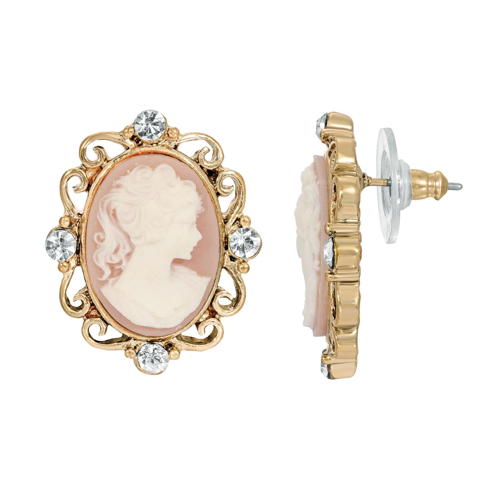 1928 Vintage Pink Cameo Crystal Button Earrings for Women - Elegant Oval Angel Design, Perfect for Weddings, Parties & Special Occasions