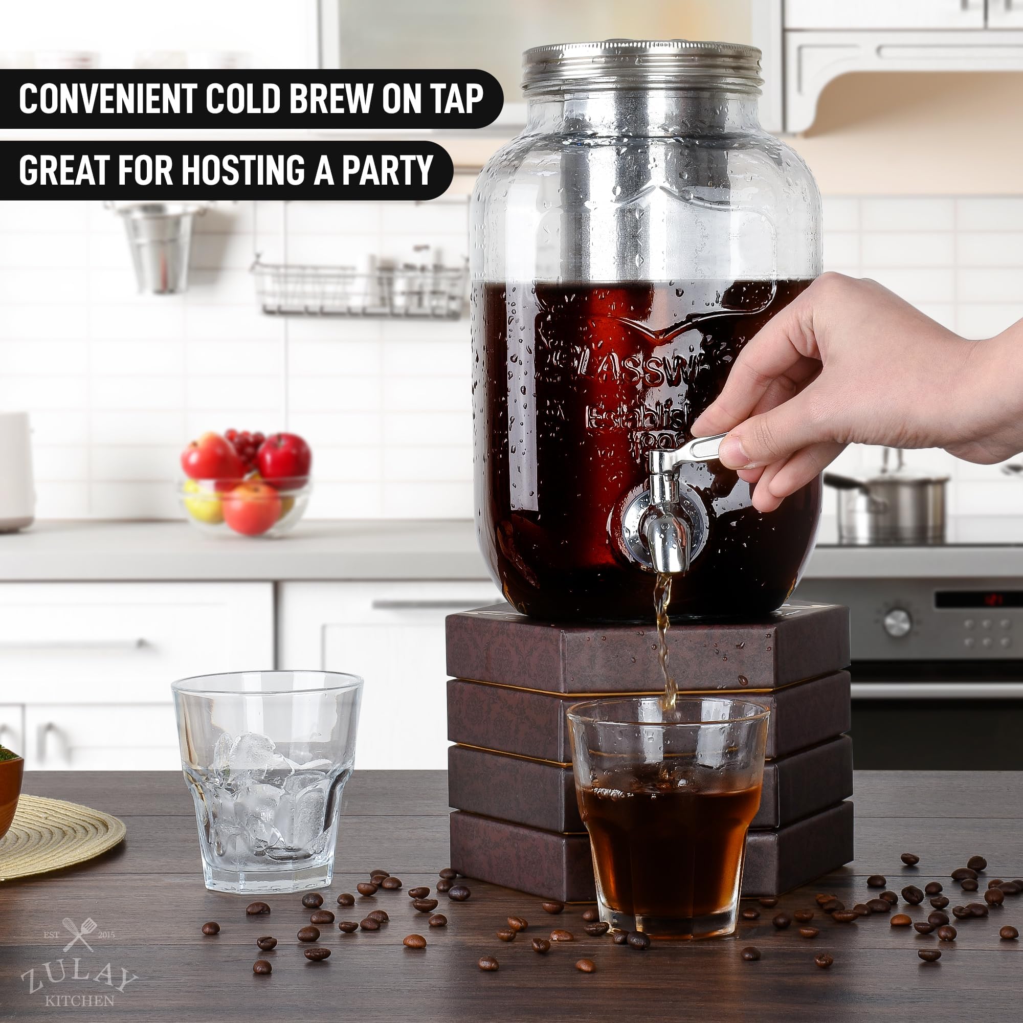 Zulay Kitchen 1 Gallon Cold Brew Coffee Maker - Large Iced Tea & Cold Brew Pitcher with Extra-Thick Glass & Stainless Steel Infuser - Airtight Lid & Spout for Freshness - Perfect for Home, Office, or Outdoor Use (Silver)