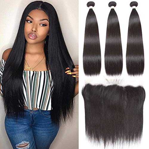 Beauhair Brazilian Straight 100% Unprocessed Virgin Human Hair Bundles with 13x4 Lace Frontal Closure (20 22 24 26+18 Frontal) - 8A Grade Natural Black Hair for Sew-In Weave & Protective Styling