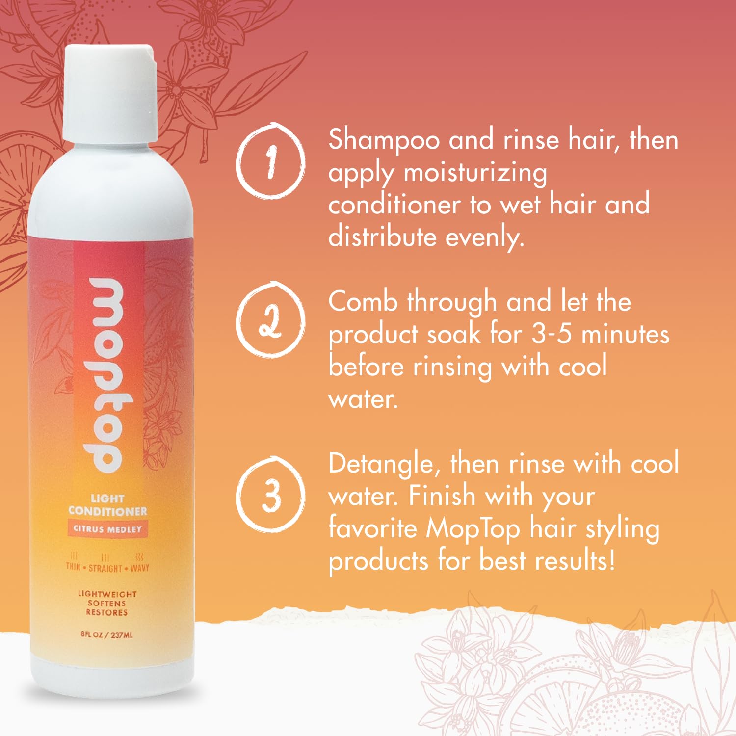 MopTop Light Conditioner - Sulfate & Paraben Free Hair Moisturizer for All Hair Types (Thin, Straight, Wavy, Curly) - Enhances Moisture & Reduces Frizz - Citrus Medley Scent - 8oz - Perfect for Daily Hair Care & Frizz Control