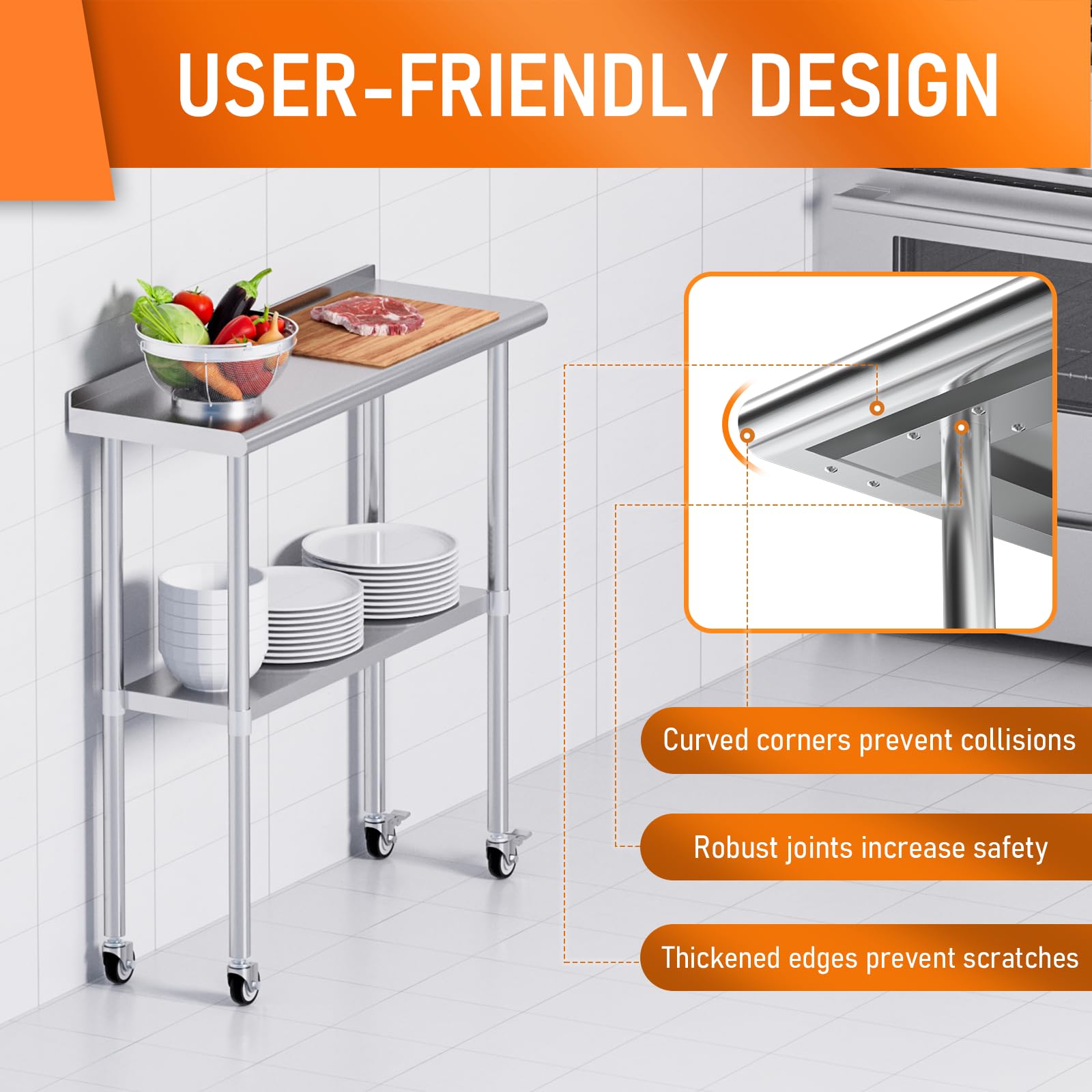 Stainless Steel Prep & Work Table with Adjustable Shelf, Backsplash & Wheels - 14