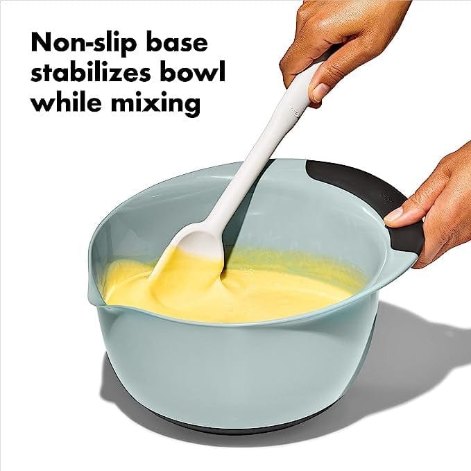 OXO 3-Piece Mixing Bowl Set - Non-Slip Nesting Bowls with Pour Spouts (Blue, Grey & Jade) for Baking, Meal Prep & Kitchen Organization