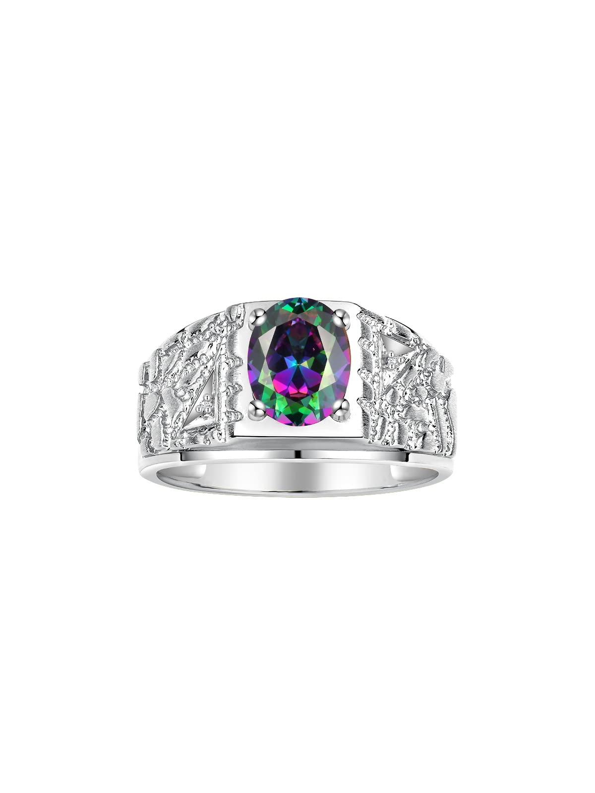 Stylish Men's Sterling Silver Nugget Ring with 9X7MM Oval Gemstone & Sparkling Diamonds - Birthstone Jewelry for Men (Sizes 8-13) | Perfect for Weddings, Anniversaries & Special Occasions