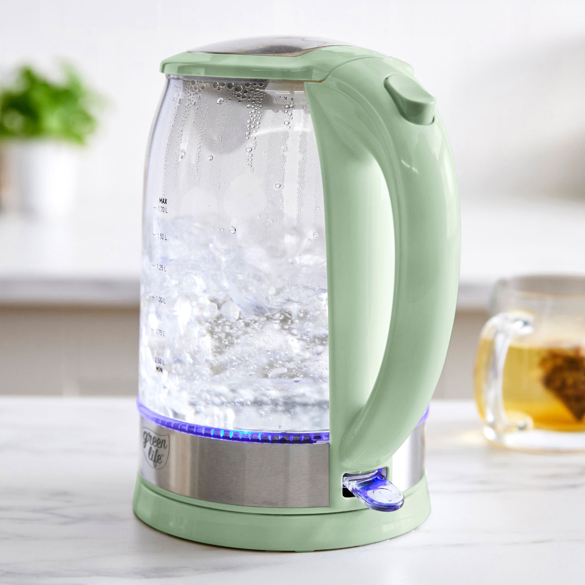 GreenLife Qwik & EZ Glass Kettle - 1.7L BPA-Free Electric Water Boiler with Auto Shut-Off & LED Light, Sage Green - Perfect for Tea, Coffee & Home Kitchen Use