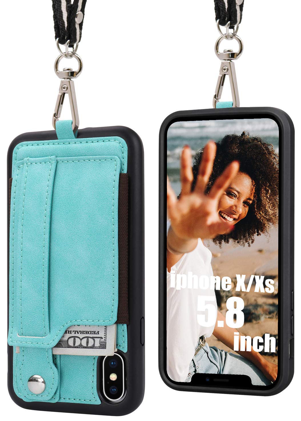 TOOVREN iPhone X/Xs Wallet Case with Card Holder, Adjustable Lanyard Neck Strap & Detachable Kickstand - PU Leather Protective Cover for iPhone 10 (Aqua) | Perfect for Travel, Commuting & Anti-Theft Protection