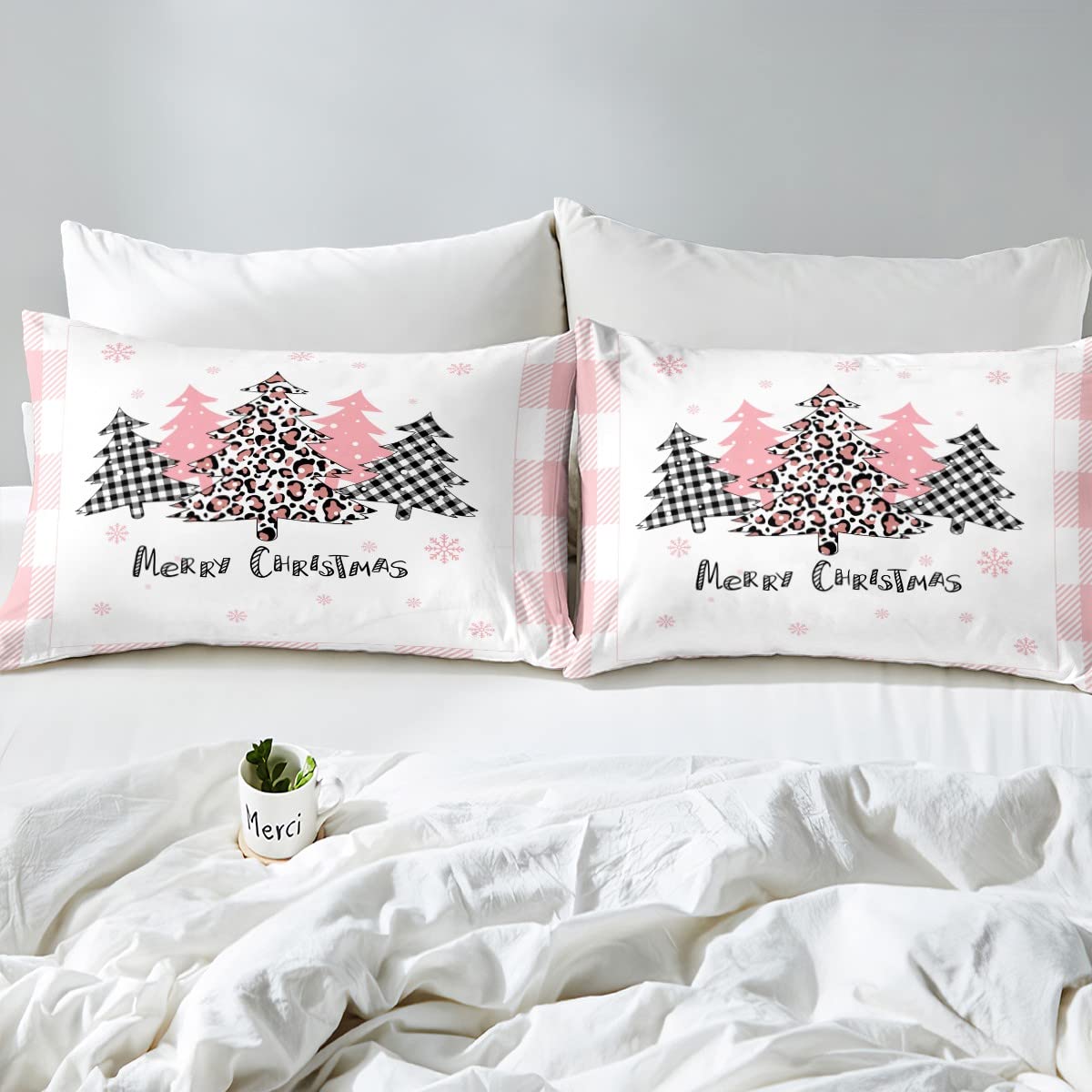 Manfei Christmas Kids Duvet Cover Set Twin Size - Pink Plaid Xmas Tree Print Bedding 2pc (Duvet Cover + Pillowcase) for Girls & Women | Holiday Bedroom Decor | Perfect for Christmas, Winter Season & New Year Celebrations