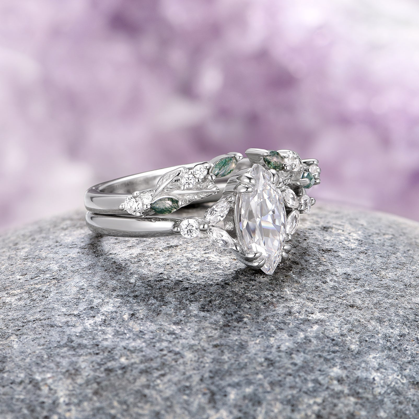 Lab Grown Diamond & Moss Agate Ring Set - 14K White Gold Engagement Ring for Women (IGI Certified) | Elegant Wedding Band, Anniversary Gift, Promise Ring for Her