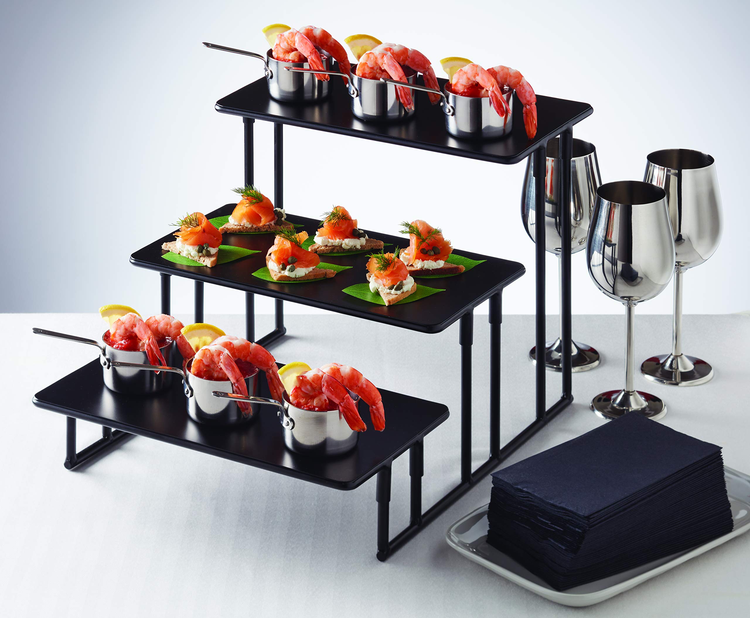 American Metalcraft ISP18 Black Rectangular Fixed Three-Tier Stand | Durable Metal Display Rack for Bakeries, Restaurants & Retail Stores
