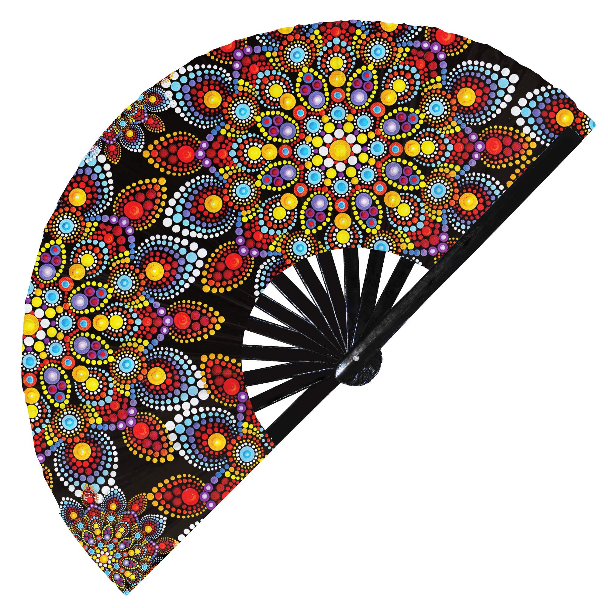 Bohemian Mandala Dot Hand Fan - Handmade Tapestry Pattern Foldable UV Glow Fan for Yoga, Meditation, Festivals & Home Decor (Style 7)