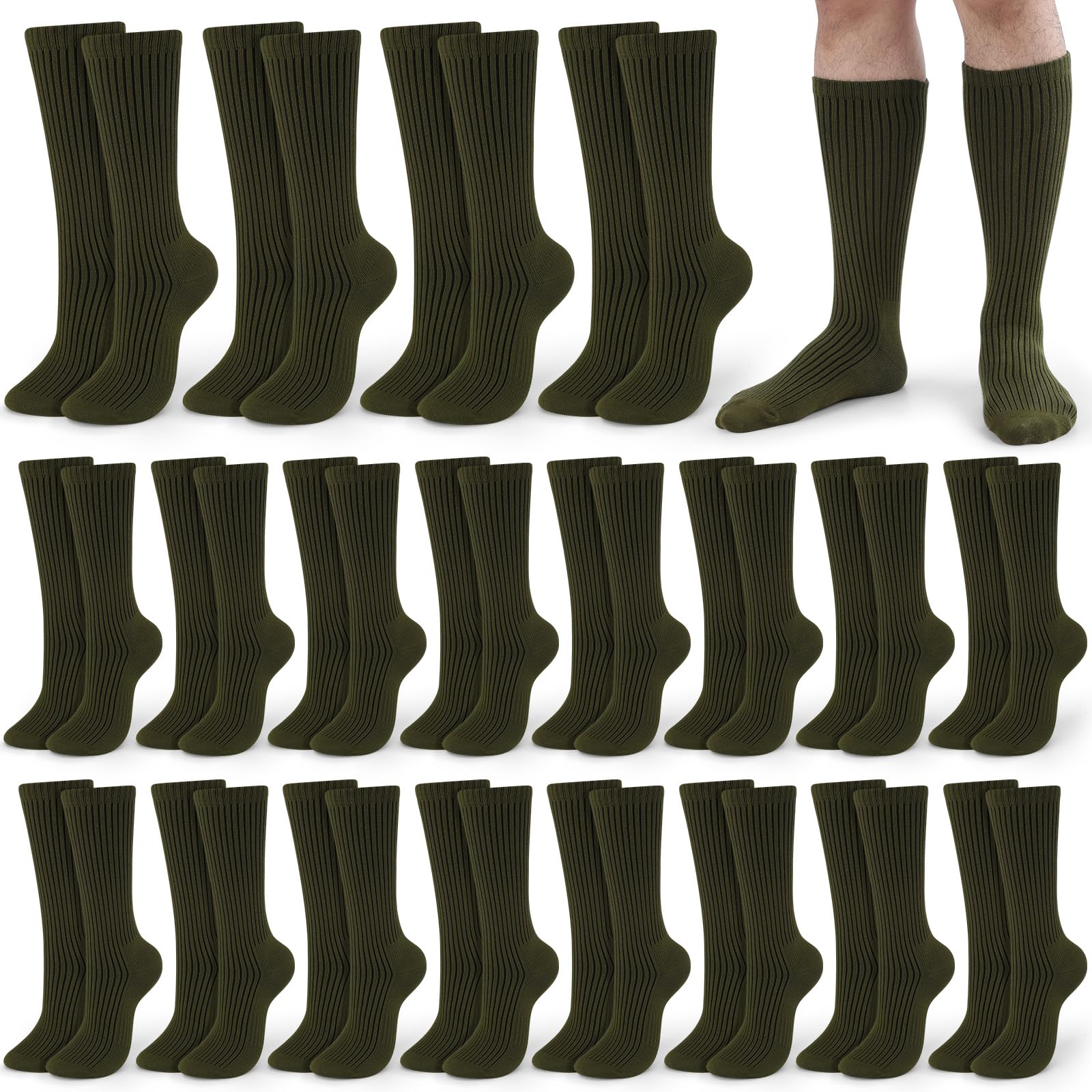 20 Pairs Men's Military Boot Socks - Thick Cotton Army Tactical Socks for Combat, Hiking & Winter - Olive Green - Durable & Comfortable for Outdoor Activities, Work & Daily Wear