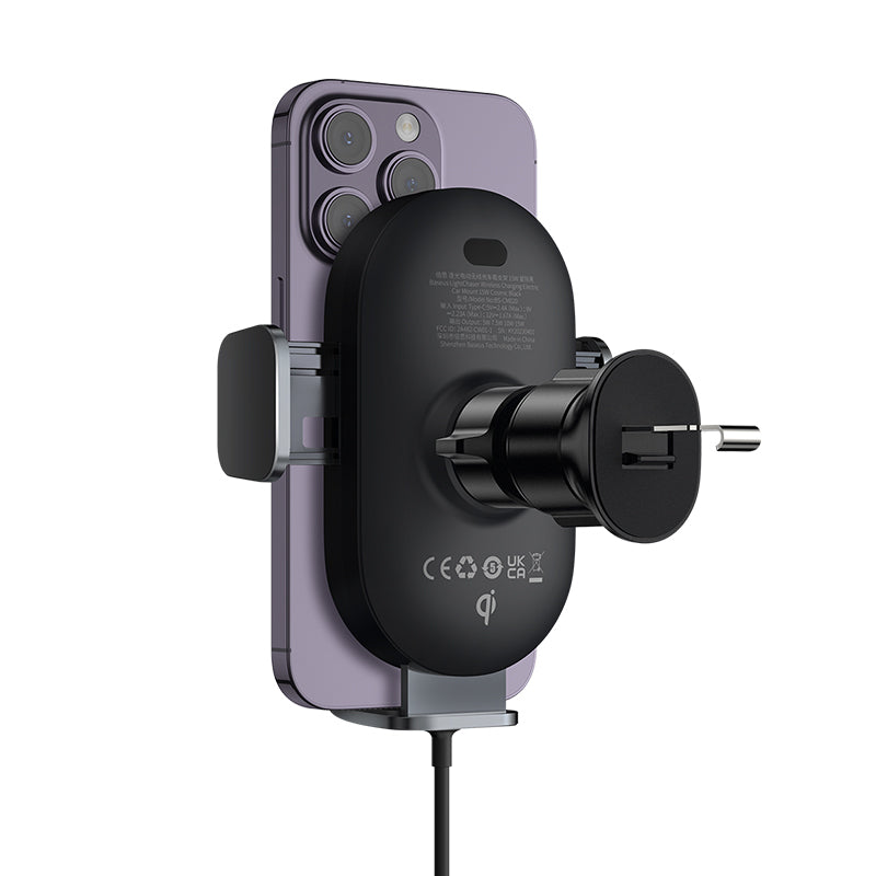 Baseus LightChaser 15W Wireless Car Charger Mount - Fast Qi Charging Phone Holder for iPhone 15/14/13/12, Samsung Galaxy S23/S22 - Perfect for Commuting & Road Trips (Black)