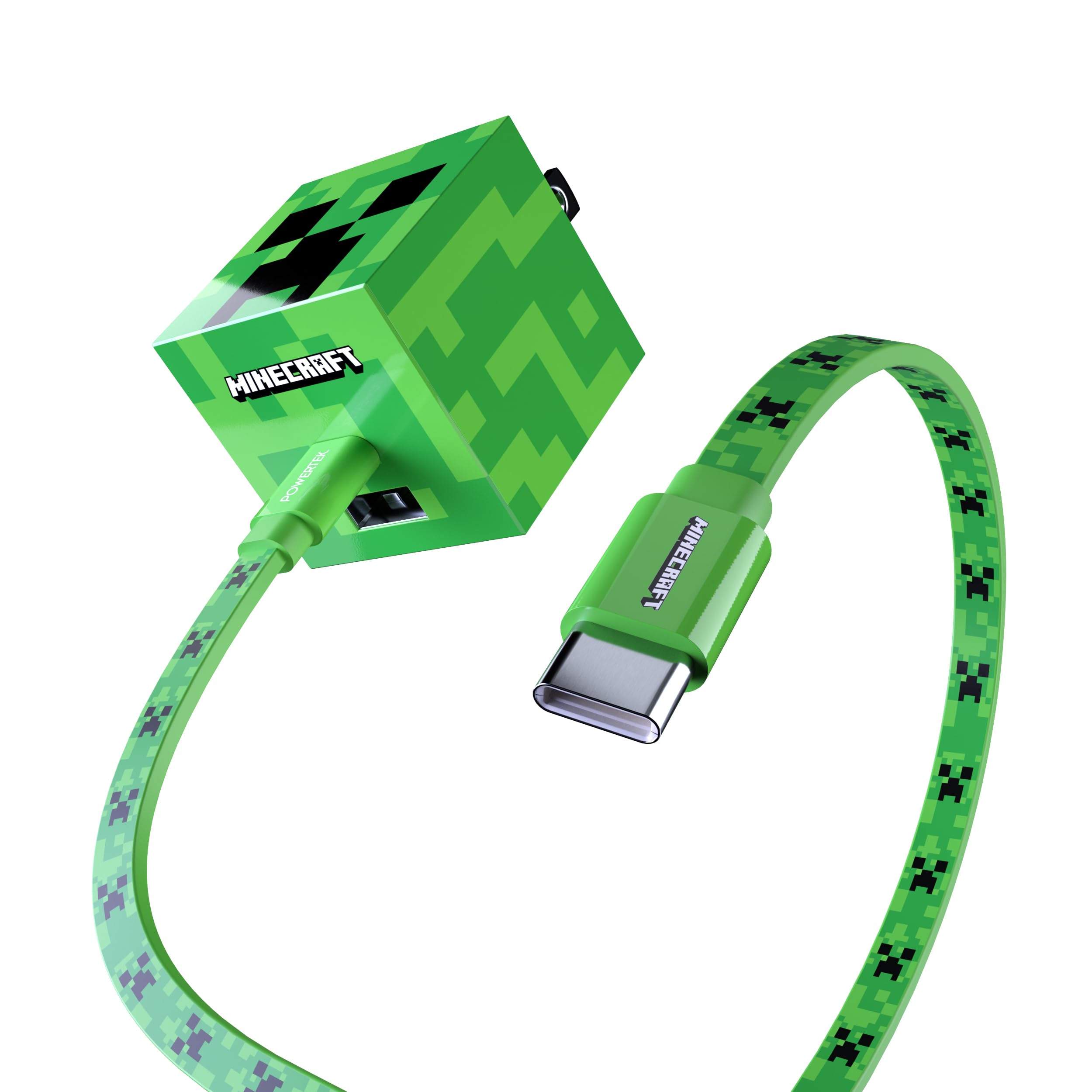 LIQUIPEL Powertek Minecraft USB-C to C Charging Cable & Wall Charger Set - Creeper Design for Gaming, Travel & Home Use