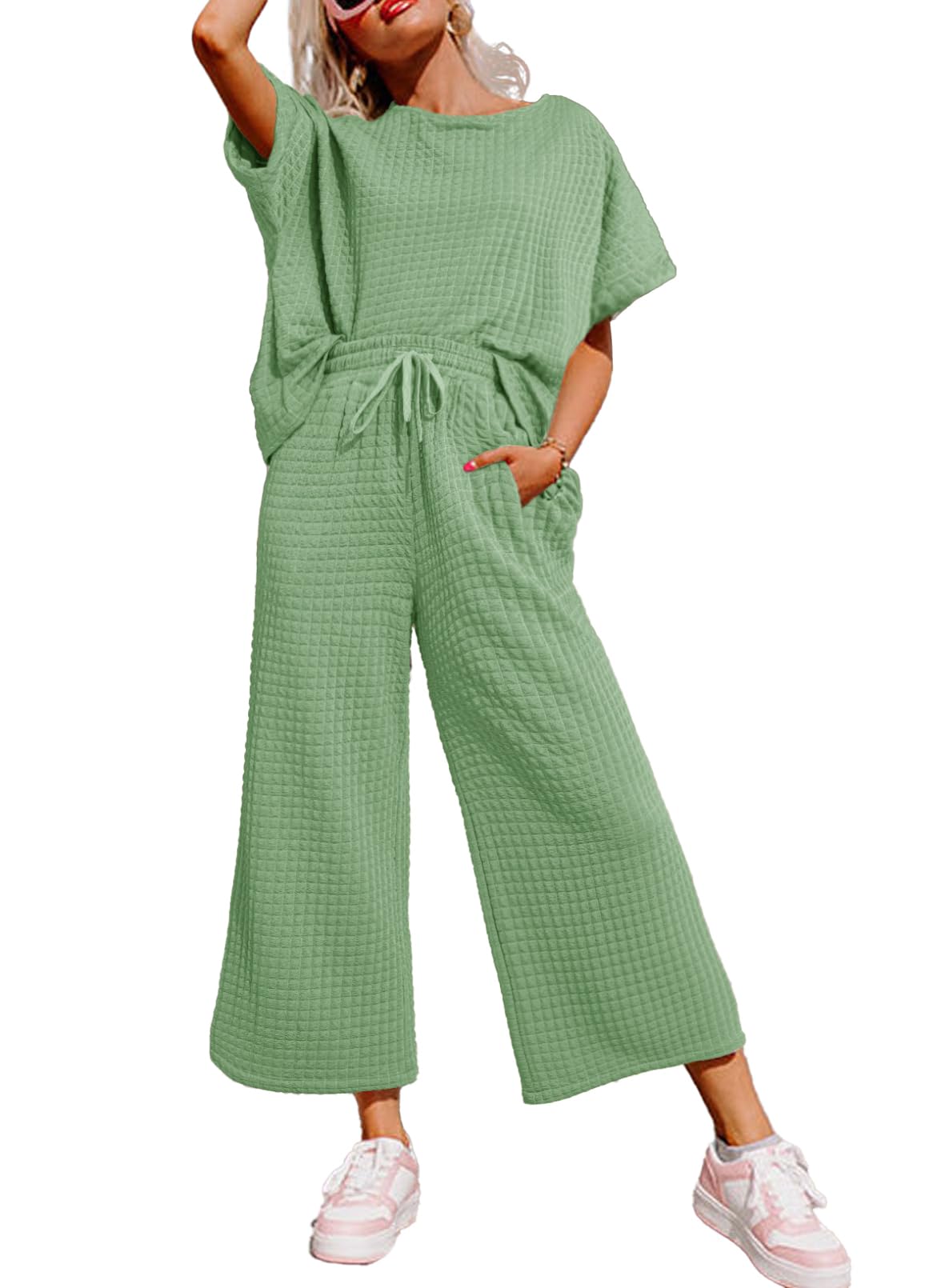 Dokotoo Women's Summer 2 Piece Outfit - Short Sleeve Crewneck Pullover Top & Drawstring Wide Leg Lounge Pants Set | Casual Comfort Wear for Home, Travel & Vacation