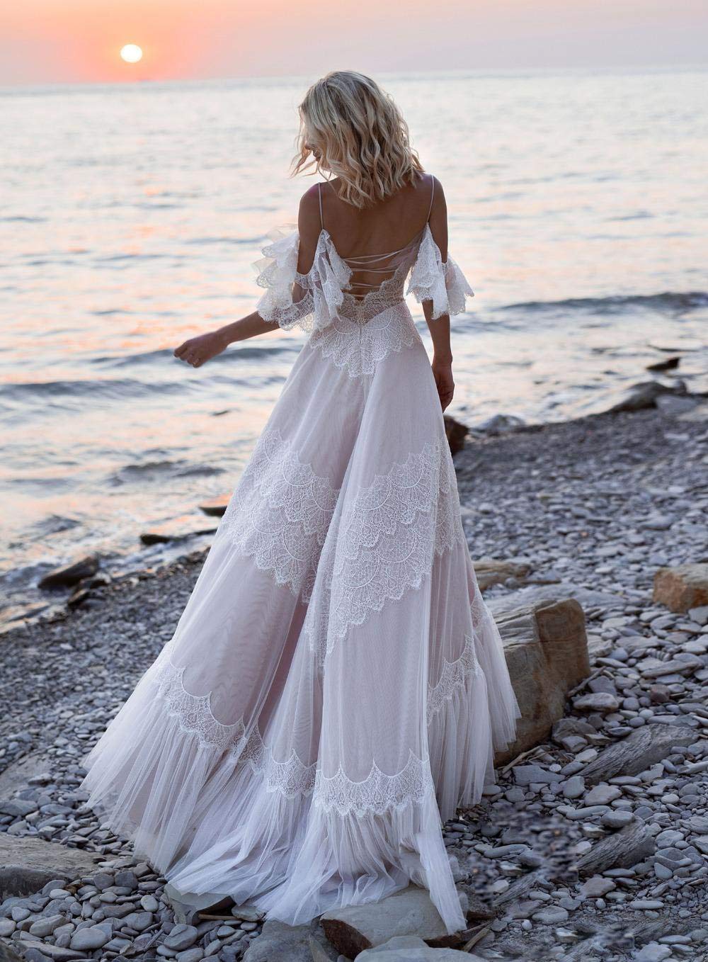 Boho Wedding Dresses for Women - Off Shoulder Lace Appliques Bridal Gowns, Backless Beach A-Line Wedding Dress for Boho Chic, Outdoor & Destination Weddings
