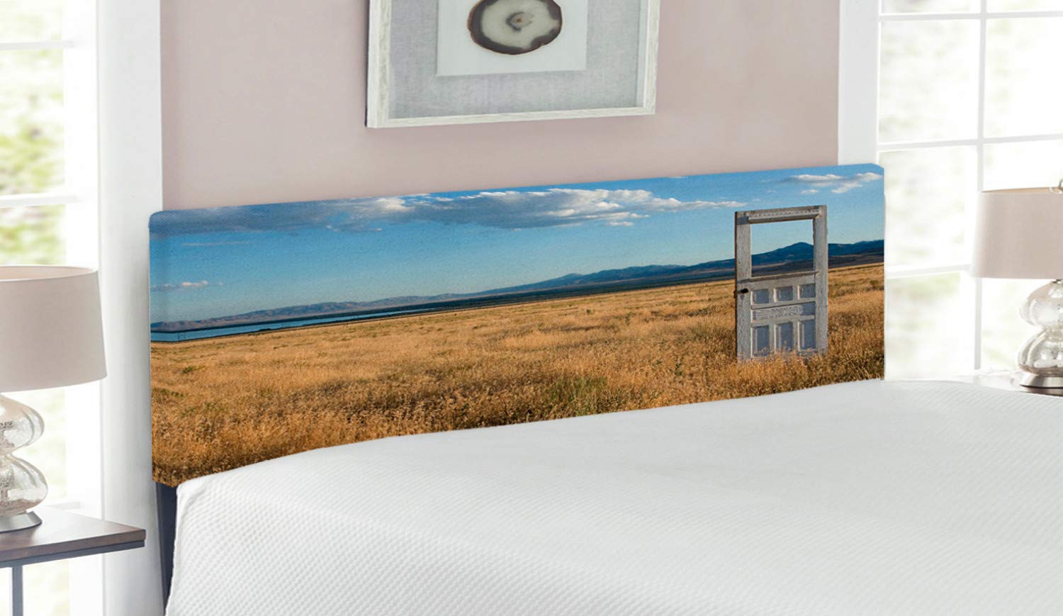 **Ambesonne Antique Upholstered Metal Headboard - Queen Size, Earth Yellow Coconut, Memory Foam Padding, Vintage Door Design with Mountain & Summer Sky - Perfect for Bedroom Decor, Farmhouse or Bohemian Style**    *(Use Case: Ideal for enhancing bedroom aesthetics in farmhouse, rustic, or boho-themed homes, adding a surreal and artistic touch to your sleeping space.)*