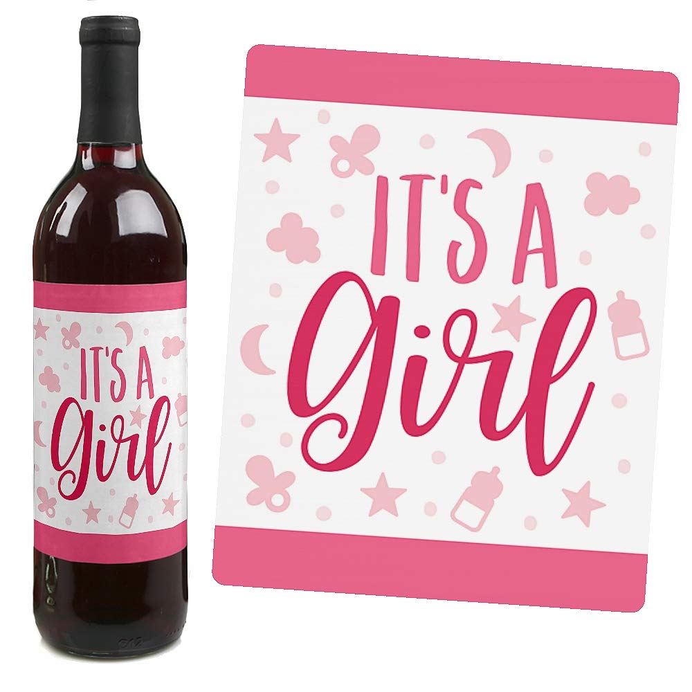 Big Dot of Happiness It's a Girl Baby Shower Decorations - Pink Wine Bottle Label Stickers Set of 4 - Perfect for Gender Reveal Parties, Newborn Celebrations & Nursery Decor