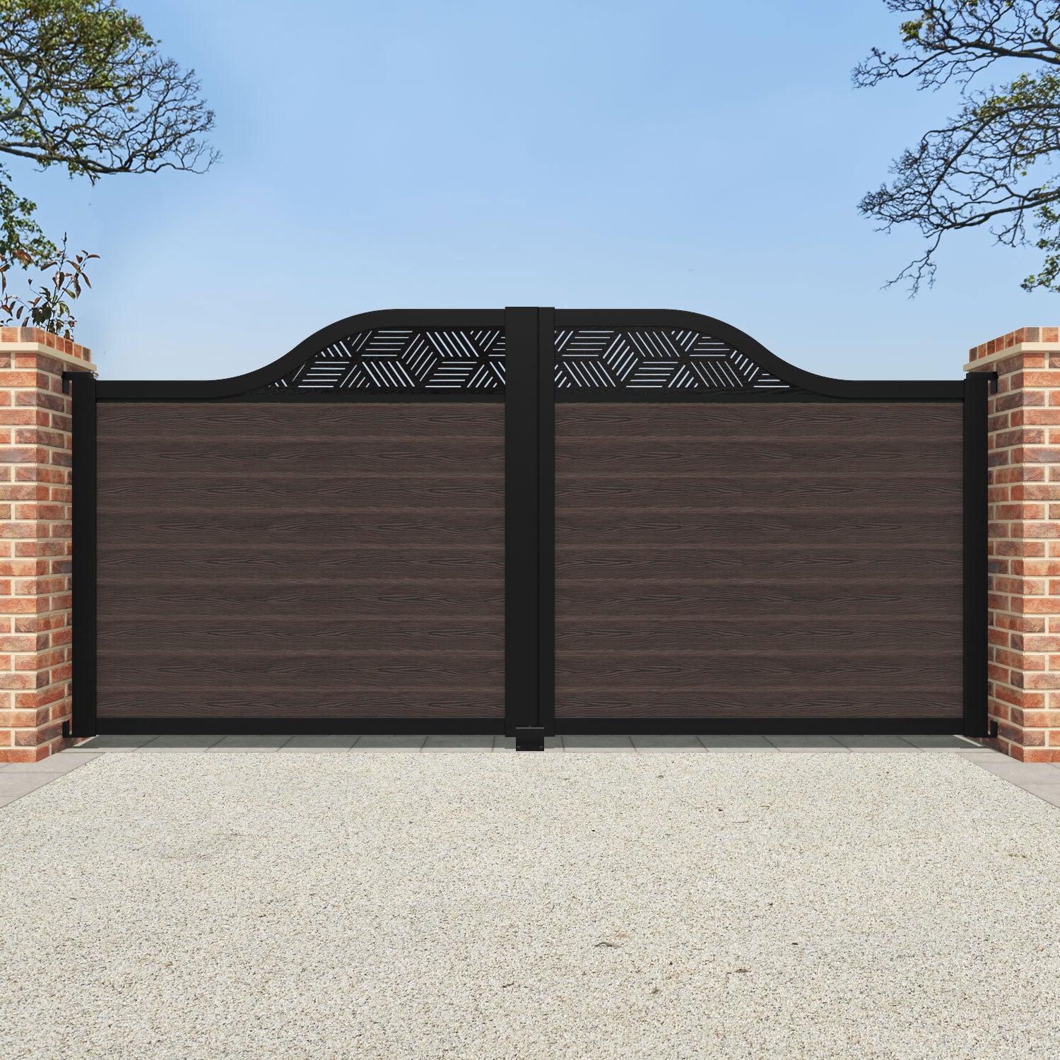 Classic Cubed Curved Top Driveway Gate - Mid Brown Wooden Fence with Decorative Top Screen | Perfect for Home Security, Garden Protection and Property Boundary Enhancement