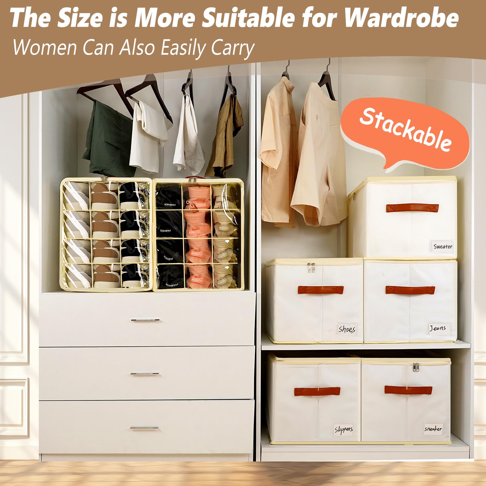 2 Pack Clear Stackable Shoe Storage Box Organizer - 24 Cell Space Saving Shoe Containers with Lids for Closet, Ottoman & Wardrobe | Foldable Shoe Rack Cabinet Cubby for Home Organization & Bedroom Storage