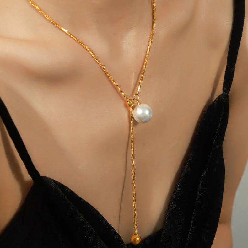 Elegant Pearl Slider Lariat Chain Necklace for Women - Minimalist Dainty Layering Jewelry | Perfect for Date Night, Office Wear & Special Occasions