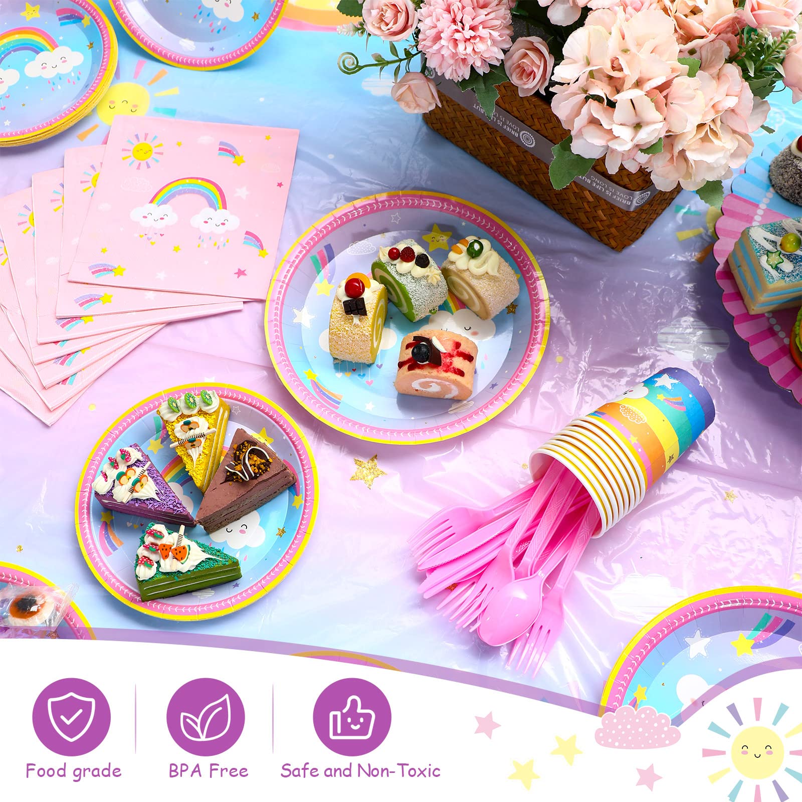 212-Piece Pastel Rainbow Birthday Party Supplies Set - Includes Paper Plates, Tablecloth, Cups, Napkins, Cutlery & Banner for 30 Guests - Perfect for Rainbow Themed Parties, Baby Showers & Celebrations (Cute Style)