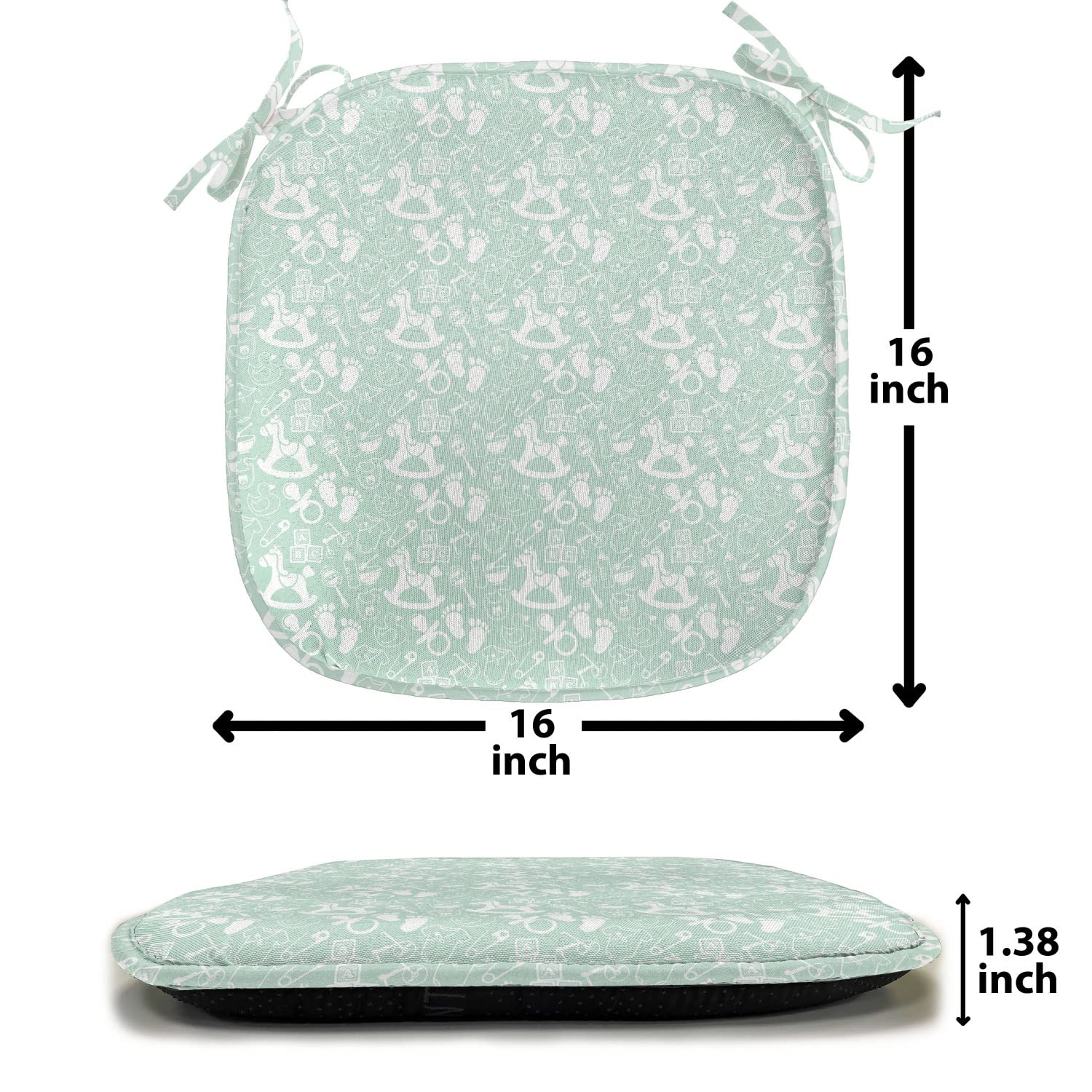 Lunarable Mint Chair Cushion Set of 12 - Non-Slip Seat Pads with Vintage Birth Shower Footprint Design, 16x16 Inch, Seafoam White - Perfect for Kitchen, Dining Room & Outdoor Patio Furniture