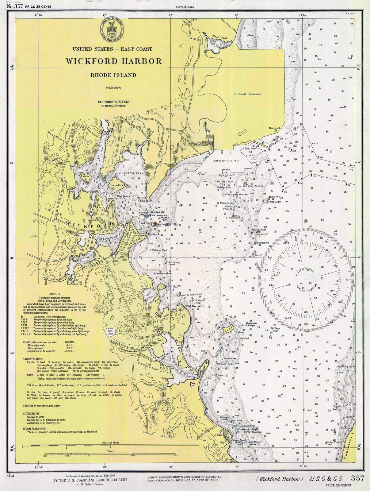 Vintage Nautical Map of Wickford Harbor Rhode Island 1942 - NOAA Chart Wall Art 24x30 Inches - Perfect for Coastal Decor, Home Office & Nautical Gift Ideas