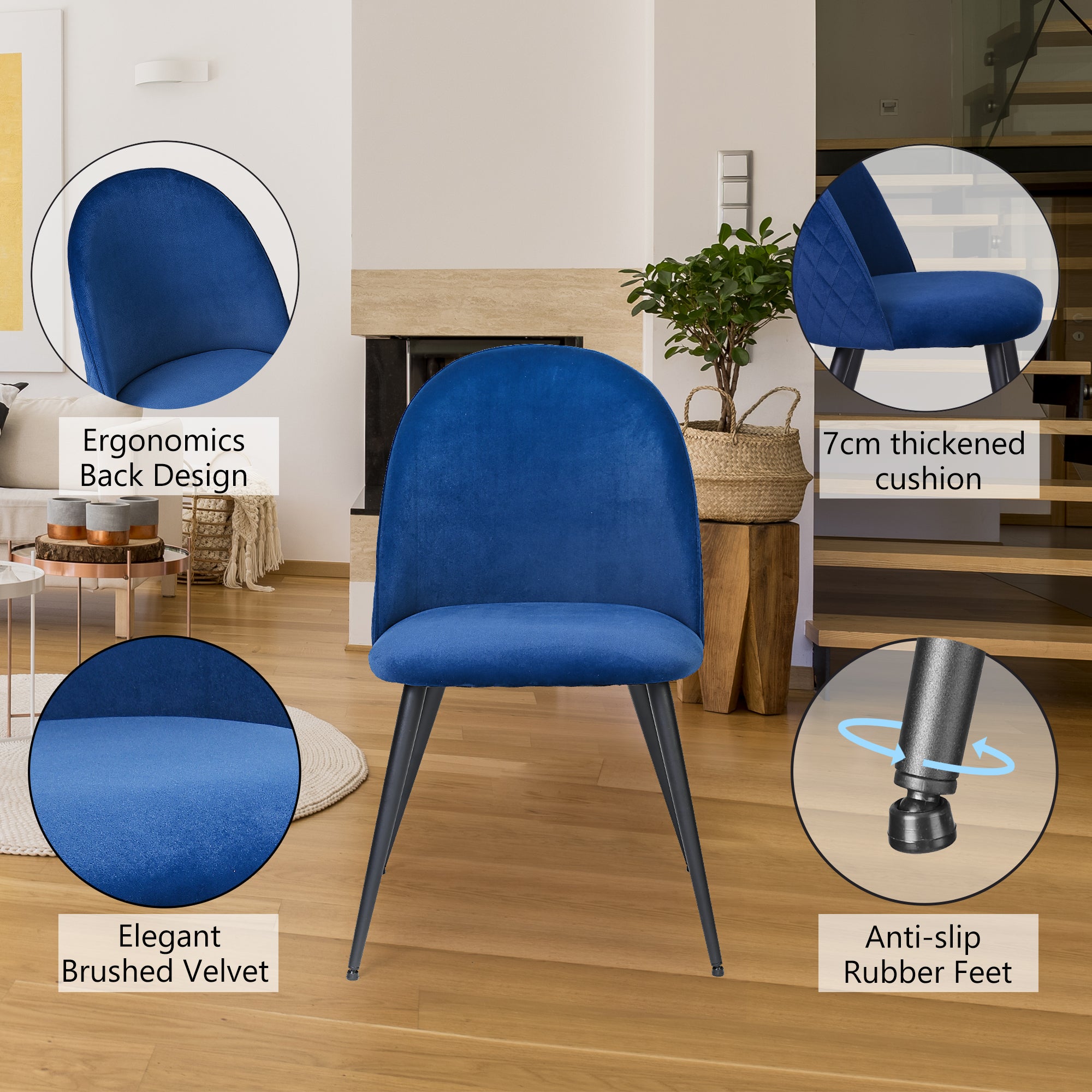 Luxury Navy Blue Velvet Dining Chairs with Black Metal Legs - Set of 4 Modern Side Chairs for Dining Room, Kitchen, or Home Office - Comfortable & Stylish Seating Solution