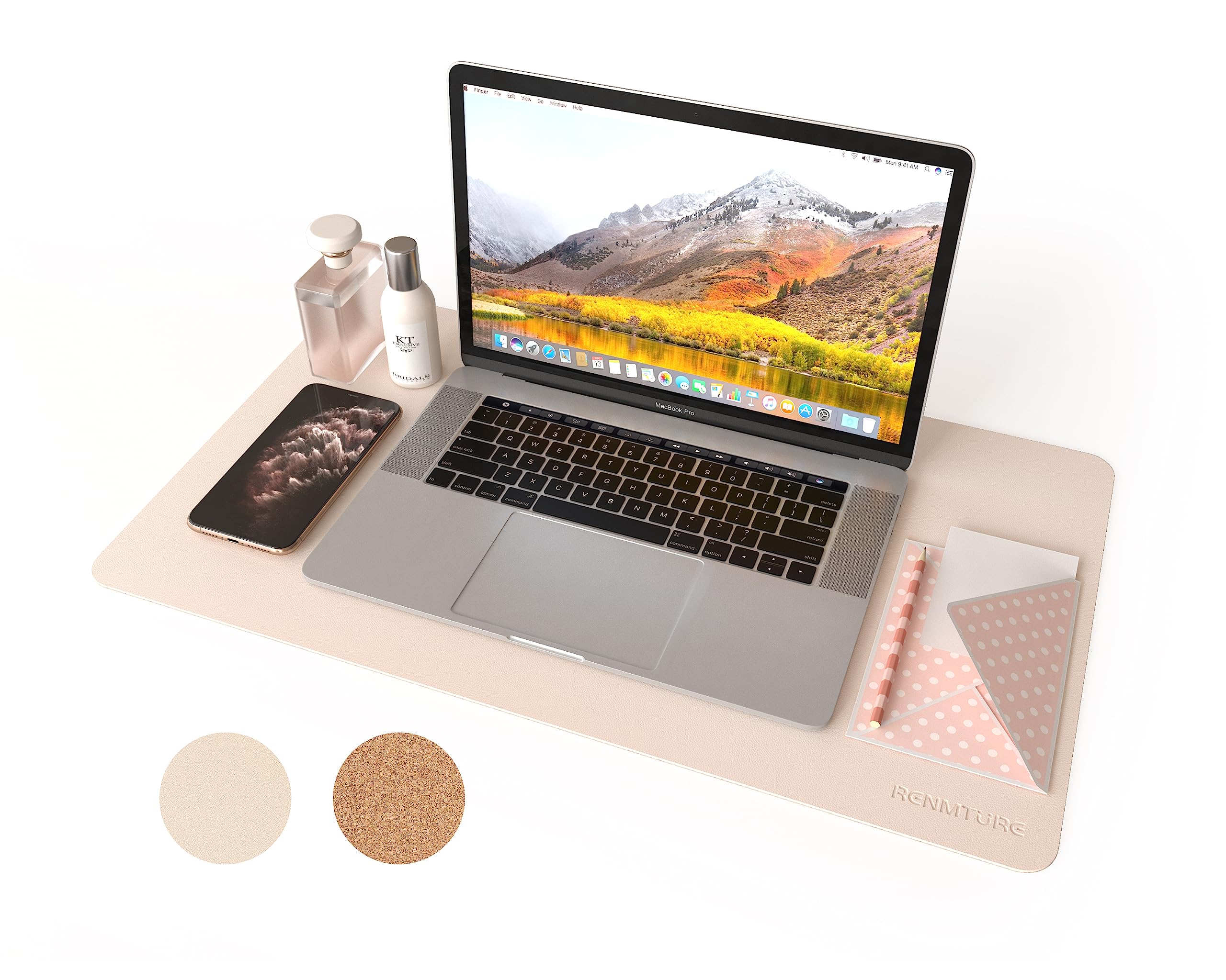 Premium Dual-Sided Mouse Pad - Natural Cork & PU Leather Large Desk Mat for Office & Home Workspace, Non-Slip Waterproof Desk Protector, Easy to Clean (Apricot, 23.6