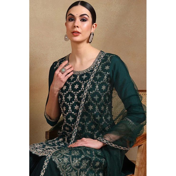 Elegant Green Silk Blend Kurta Sharara with Dupatta - Diwali & Festive Ethnic Wear for Women - Perfect for Weddings, Parties & Cultural Celebrations