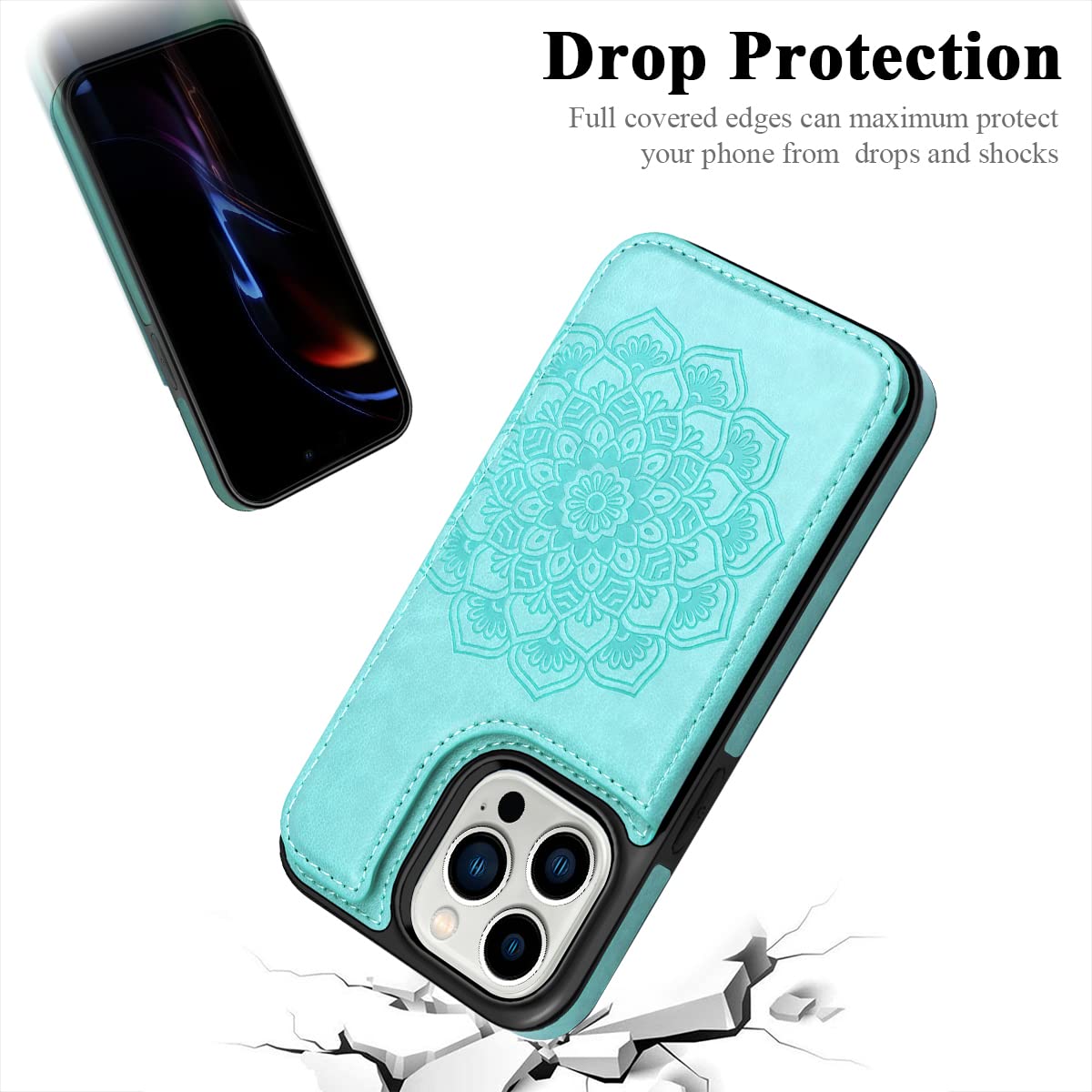 MMHUO Magnetic Wallet Case for iPhone 14 Pro - Flower Design Flip Cover with Card Holder & Strong Protection | Slim Protective Phone Case for Women | Perfect for Everyday Use, Travel & Shopping (Mint Green)