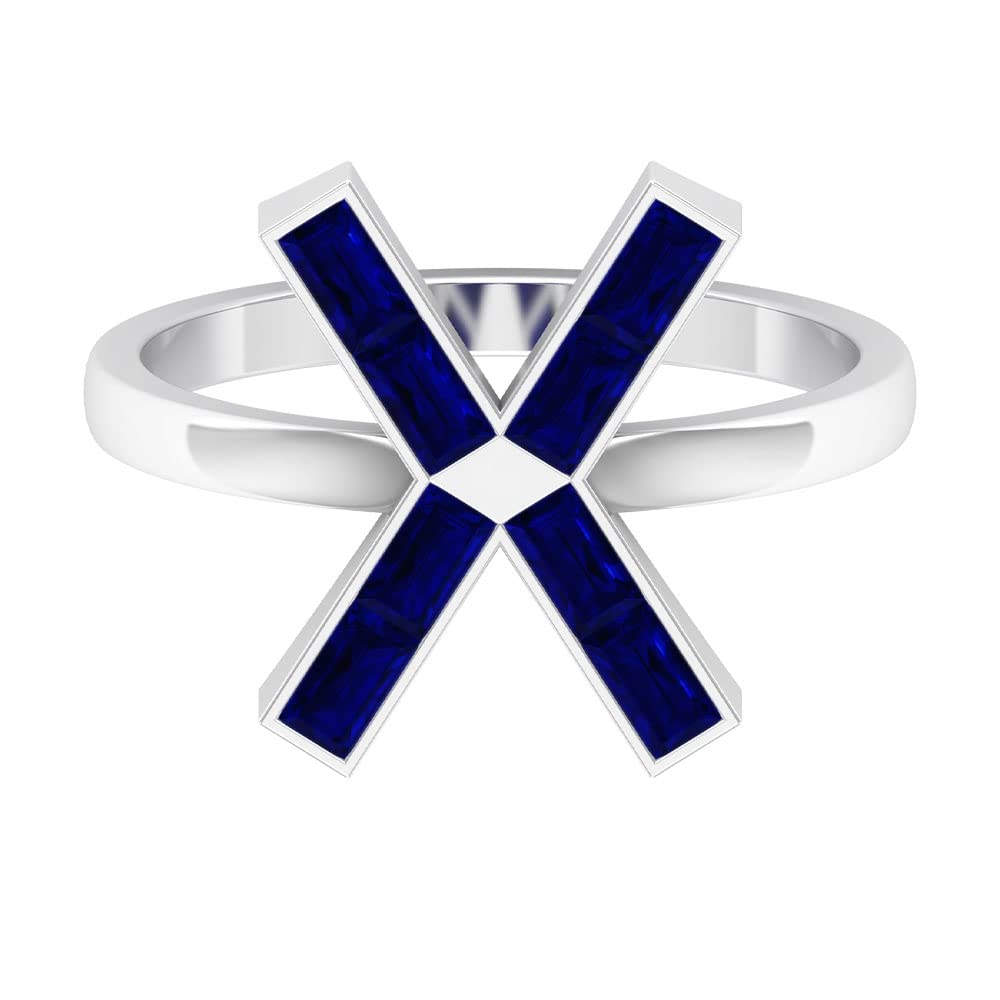 Lab Created Blue Sapphire Alphabet Initial Rings A to Z - 14K White Gold Baguette Letter Rings for Women - Perfect for Birthdays, Anniversaries & Personalized Gifts