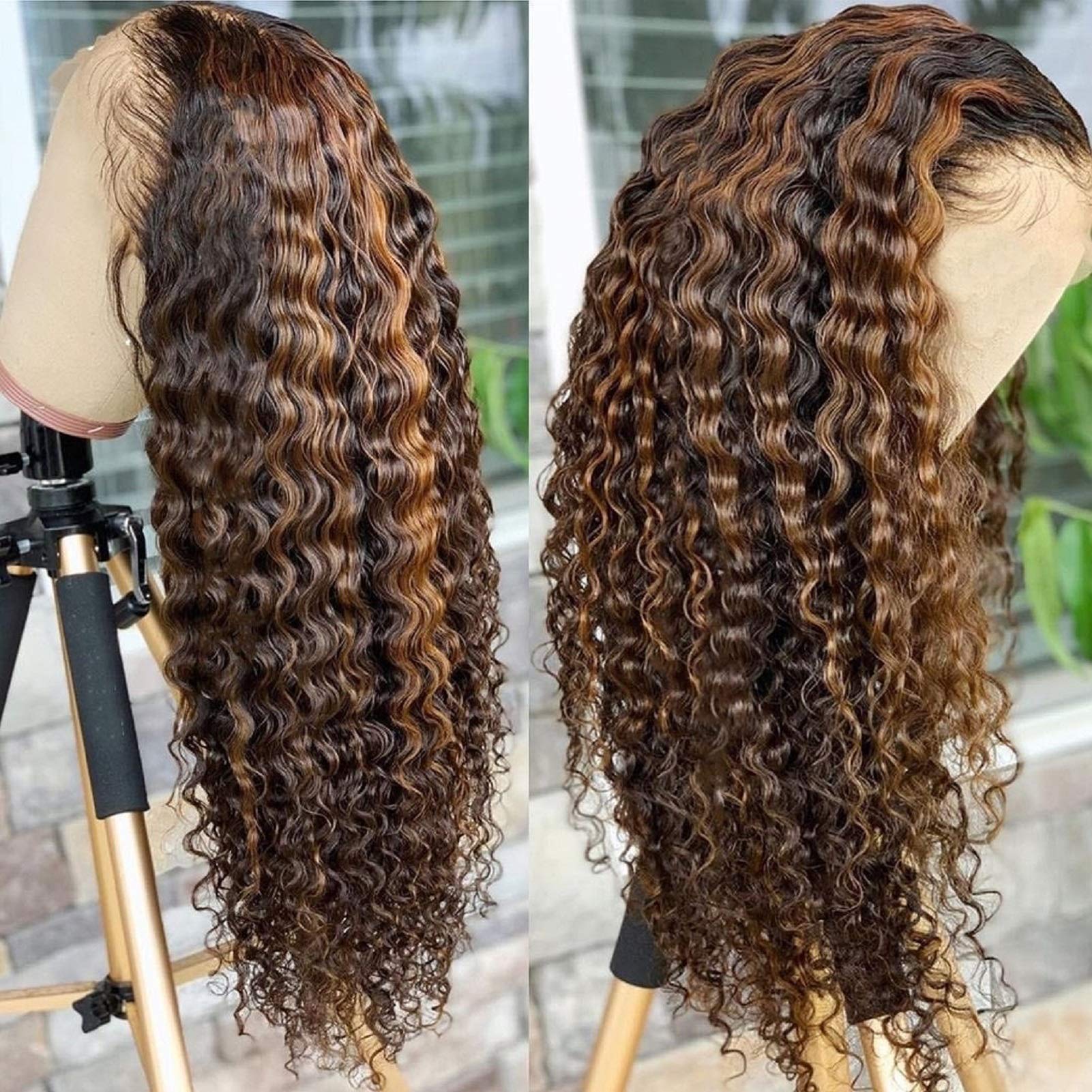 BLY Highlight Human Hair Lace Front Wigs 30 Inch Deep Wave #4/27 Ombre - Glueless Pre-Plucked 4x4 Transparent Lace Wig with 180% Density - Honey Blonde Curly Water Wave for Daily Wear, Parties & Special Occasions