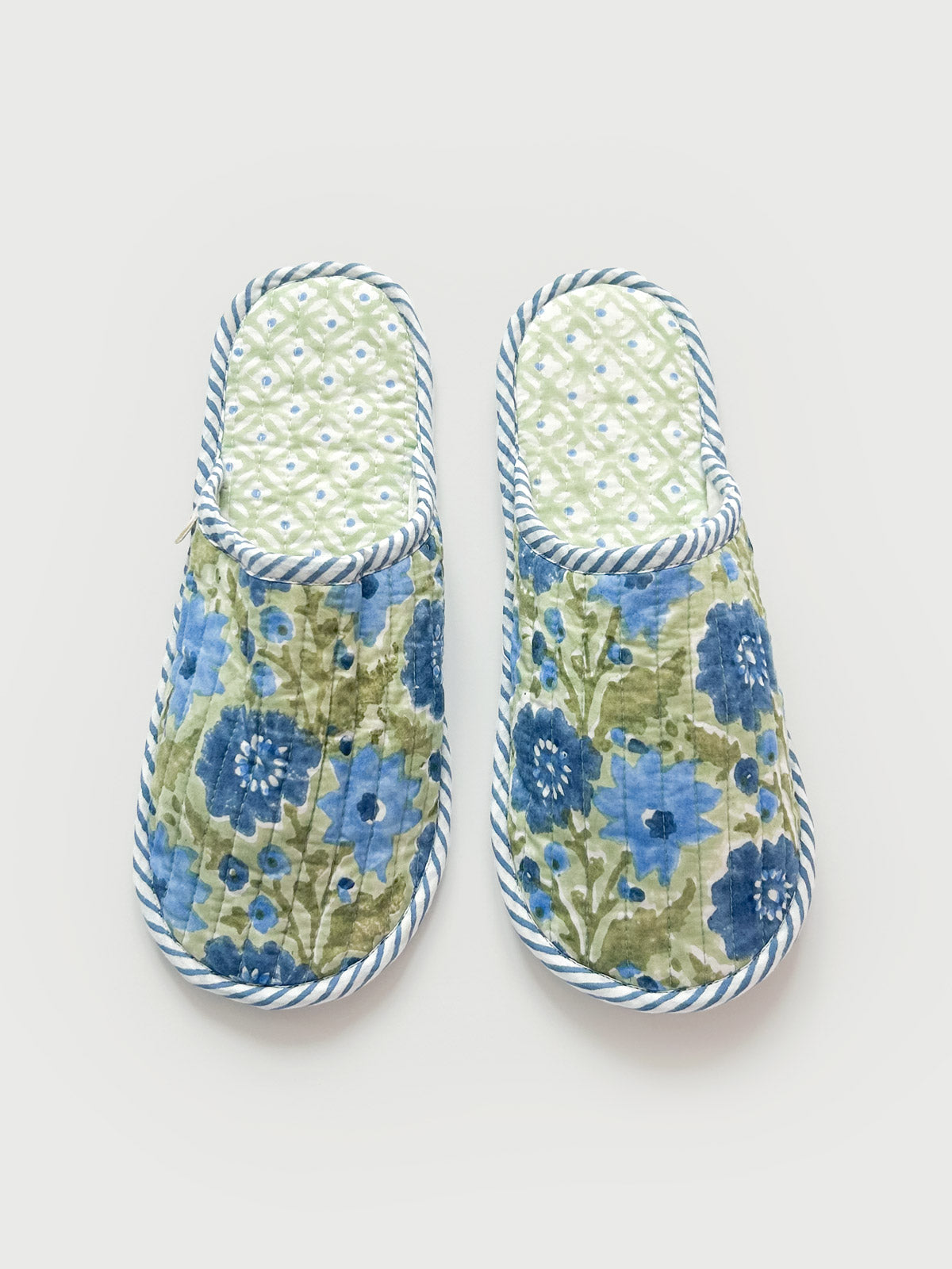Handmade Block Print House Slippers - Soft Sage Green Cotton Indoor/Outdoor Slides for Women & Men - Cozy Home, Yoga, and Meditation Footwear