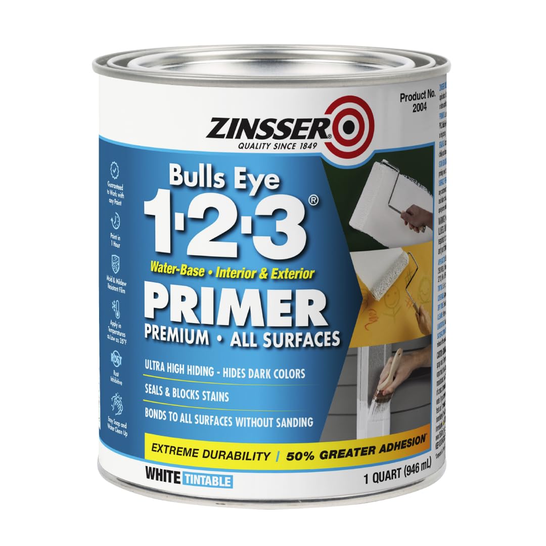 Rust-Oleum ZINSSER 1 qt 02004 White Bulls Eye 1-2-3 Water-Based Stain Blocking Primer & Sealer – Perfect for Walls, Ceilings, Wood & Metal Surfaces – Ideal for Home Renovation & DIY Projects