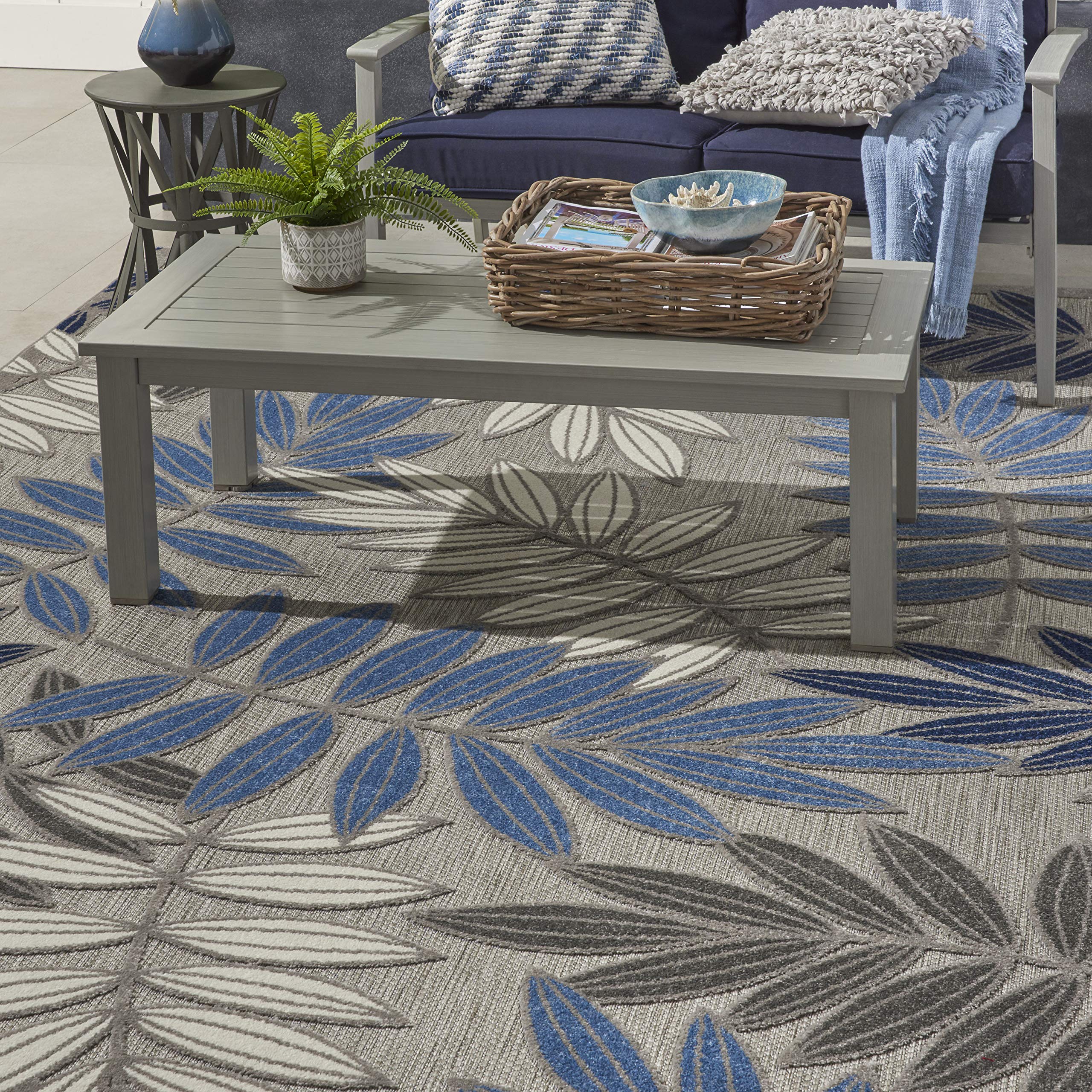 Nourison Aloha Indoor/Outdoor 7' x 10' Area Rug - Soft Grey & Blue Design, Easy to Clean, Non-Shedding, Stain Resistant - Perfect for Bedroom, Living Room, Dining Room, Backyard, Deck & Patio (7x10)