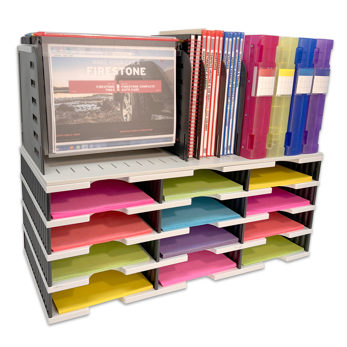 12-Slot Desktop Organizer with Vertical & Hanging File Topper | Modular Letter Tray Sorter for Documents, Books & Binders | Perfect for Office, Home & School Organization