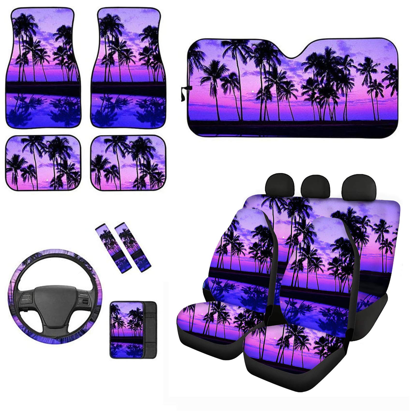 UNICEU Hawaii Tropical Palm Tree Sunset Universal Car Accessories Set - Front & Back Seat Covers, Steering Wheel Cover, Seatbelt Pads, Armrest Cover, Car Floor Mats, Windshield Sunshade (Purple) - Perfect for Beach Trips, Summer Road Travel & Tropical Themed Car Decor