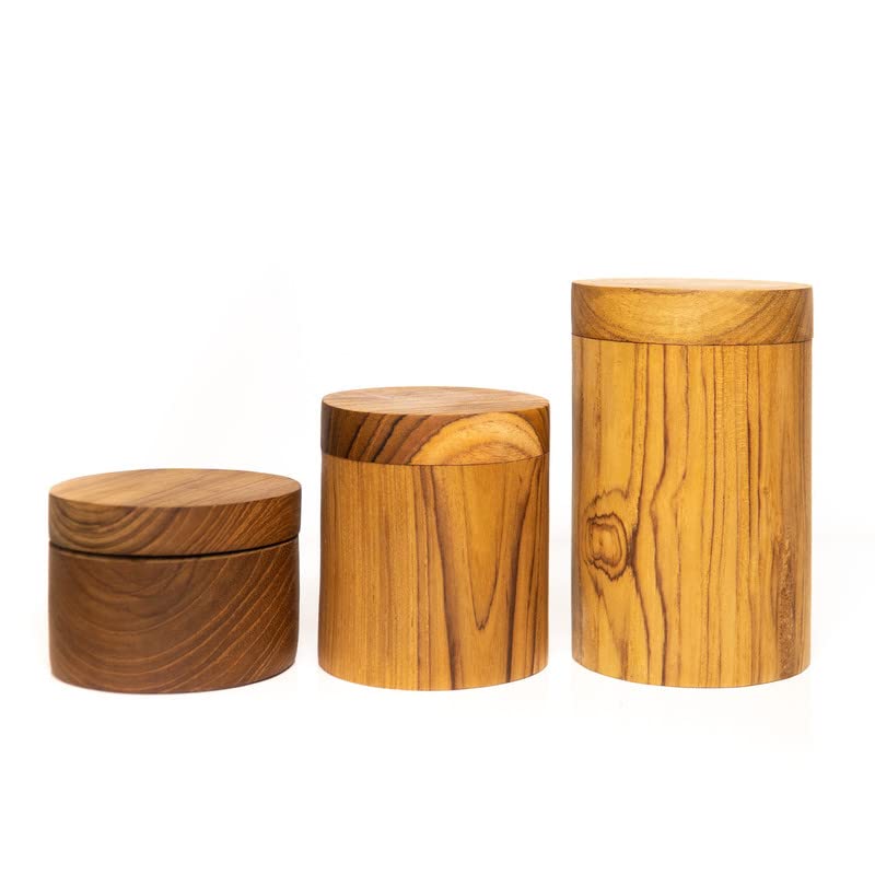 Premium Set of 4 Large Round Javanese Teak Wood Spice Jars with Lid - Handcrafted by Indonesian Artisans for Storing Salt, Herbs & Spices - Ultra Durable & Airtight - Perfect for Kitchen, Pantry, or Restaurant Use