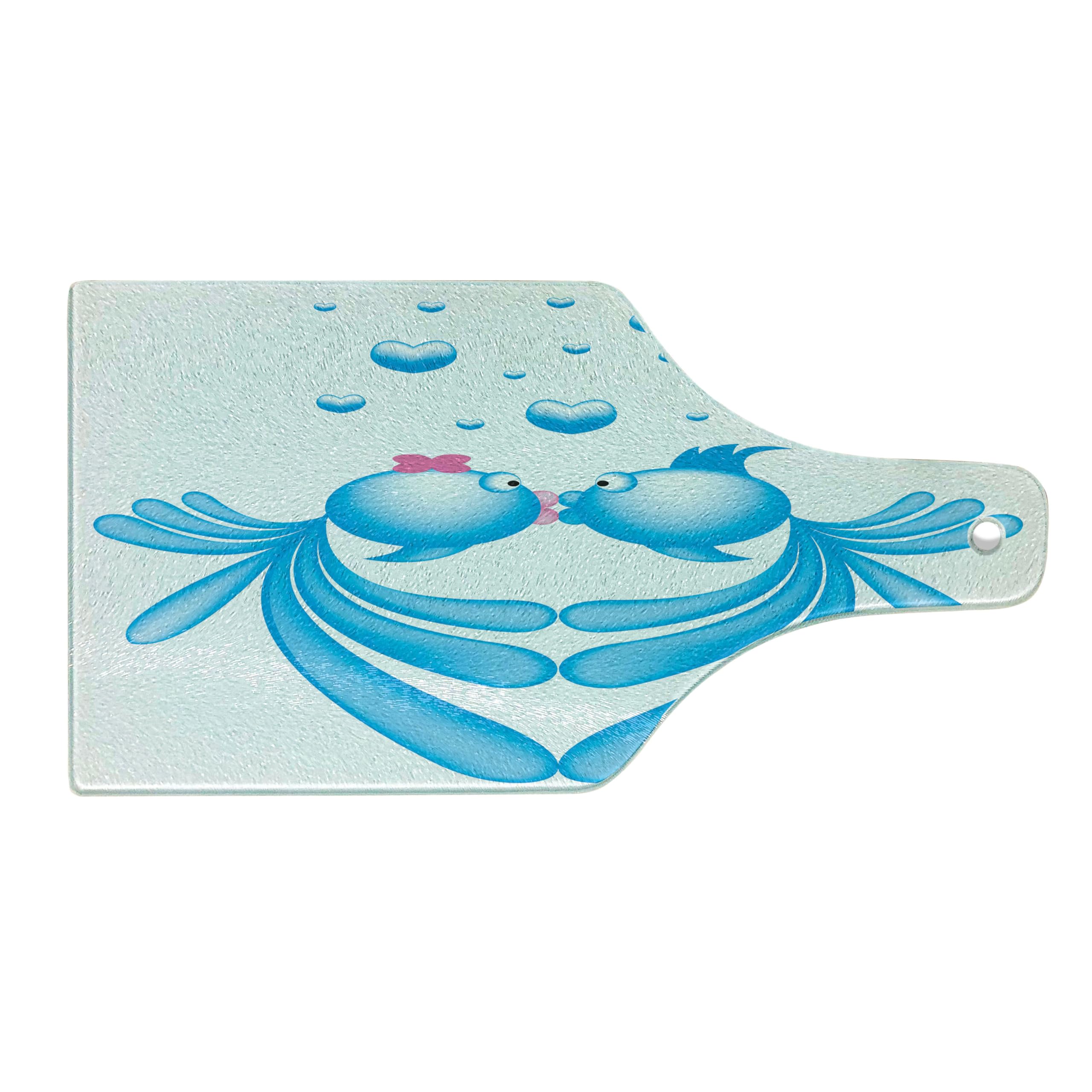 Ambesonne Romantic Fish Kissing Tempered Glass Cutting Board - Abstract Blue Cartoon Fish Design with Heart-Shaped Bubbles, Decorative Serving Board in Wine Bottle Shape (Pale Blue, Pink, White) - Perfect for Kitchen Use, Charcuterie Platters, and Gift Giving
