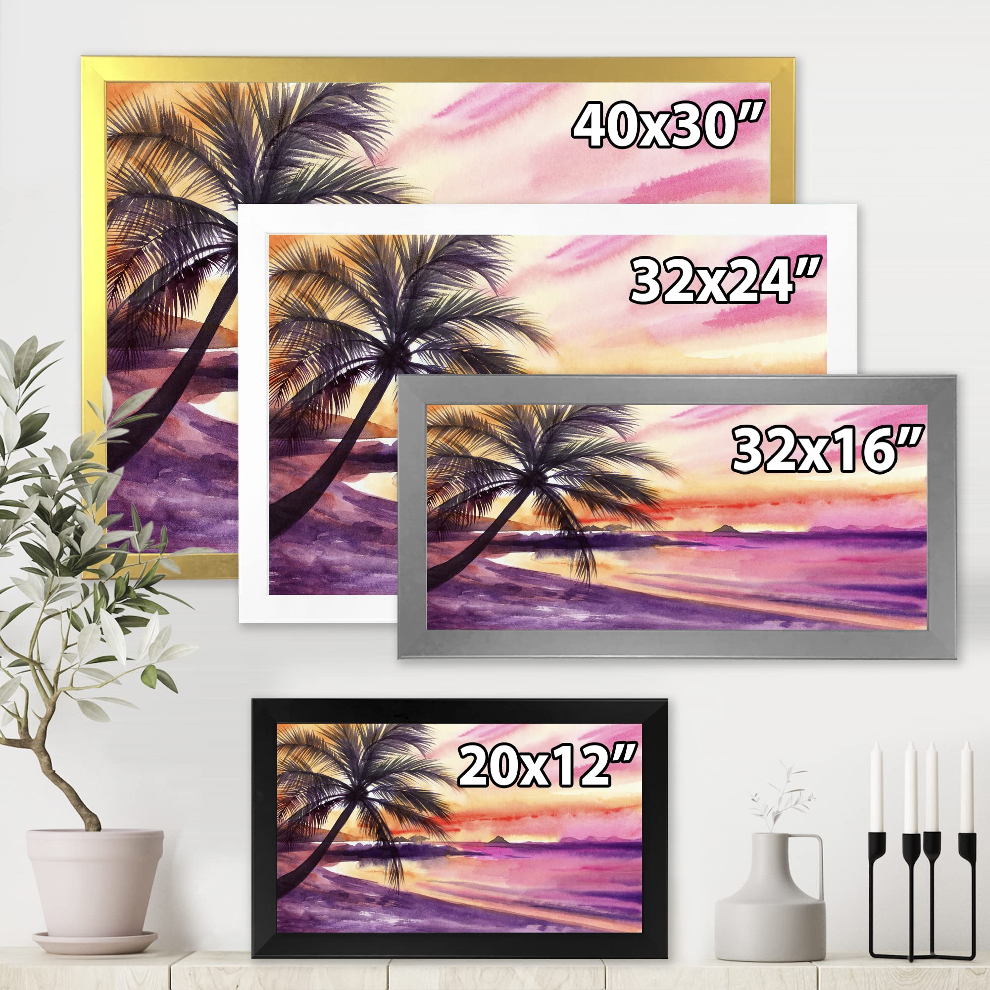Pink and Purple Palm Beach Sunset Nautical Coastal Framed Wall Art - Beach House Decor, Ocean Themed Living Room Painting, Coastal Bedroom Wall Decor