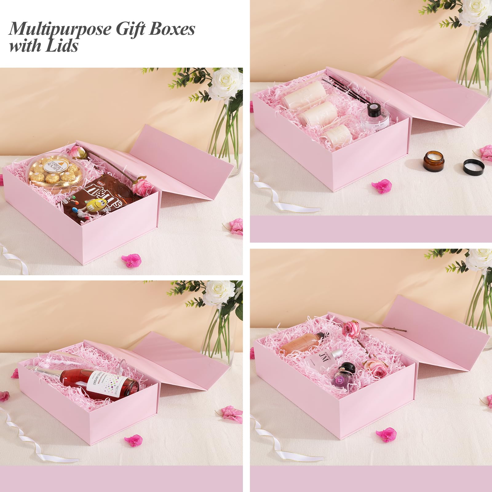ELONG HOME 13x9x4 Inch Large Pink Gift Box with Ribbon & Magnetic Closure - DIY Paintable Wedding Shower, Bridal Party, Valentine's Day Present Box - Perfect for Jewelry, Cosmetics, Keepsakes & Special Occasion Gifts