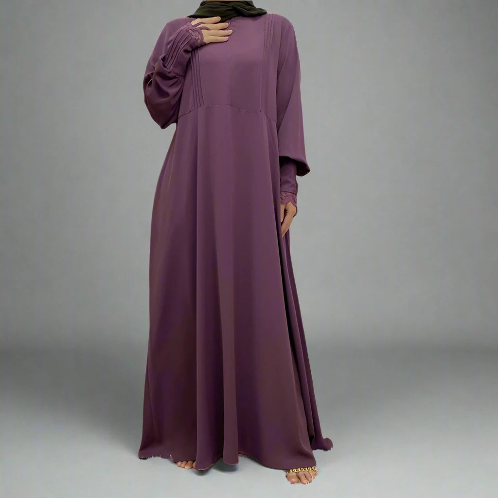 Elegant Front Zipper Lace Sleeve Muslim Abaya Dress for Women - Modest Islamic Prayer Dress for Mosque, Eid & Special Occasions