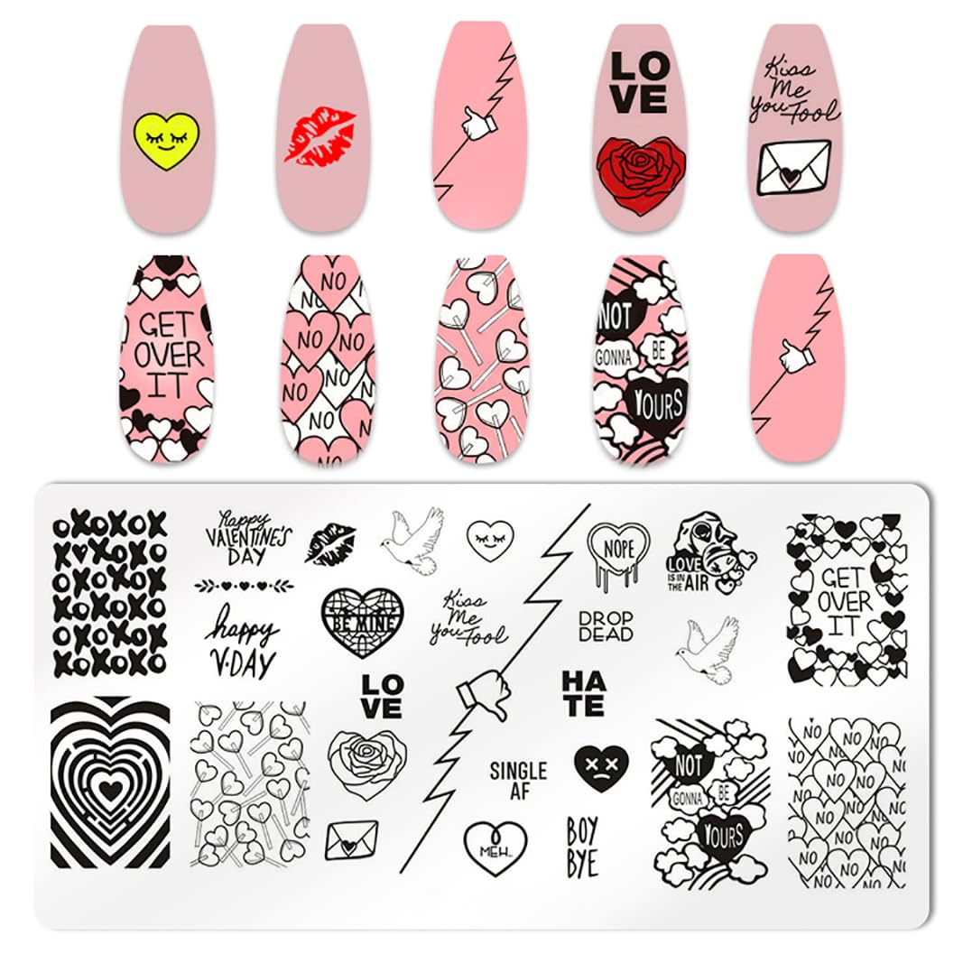 6pcs Valentine's Day Nail Stamping Kit with Heart Designs - Nail Art Stamping Plates for Women, DIY Manicure Tools, Perfect for Holiday Parties & Romantic Date Nights