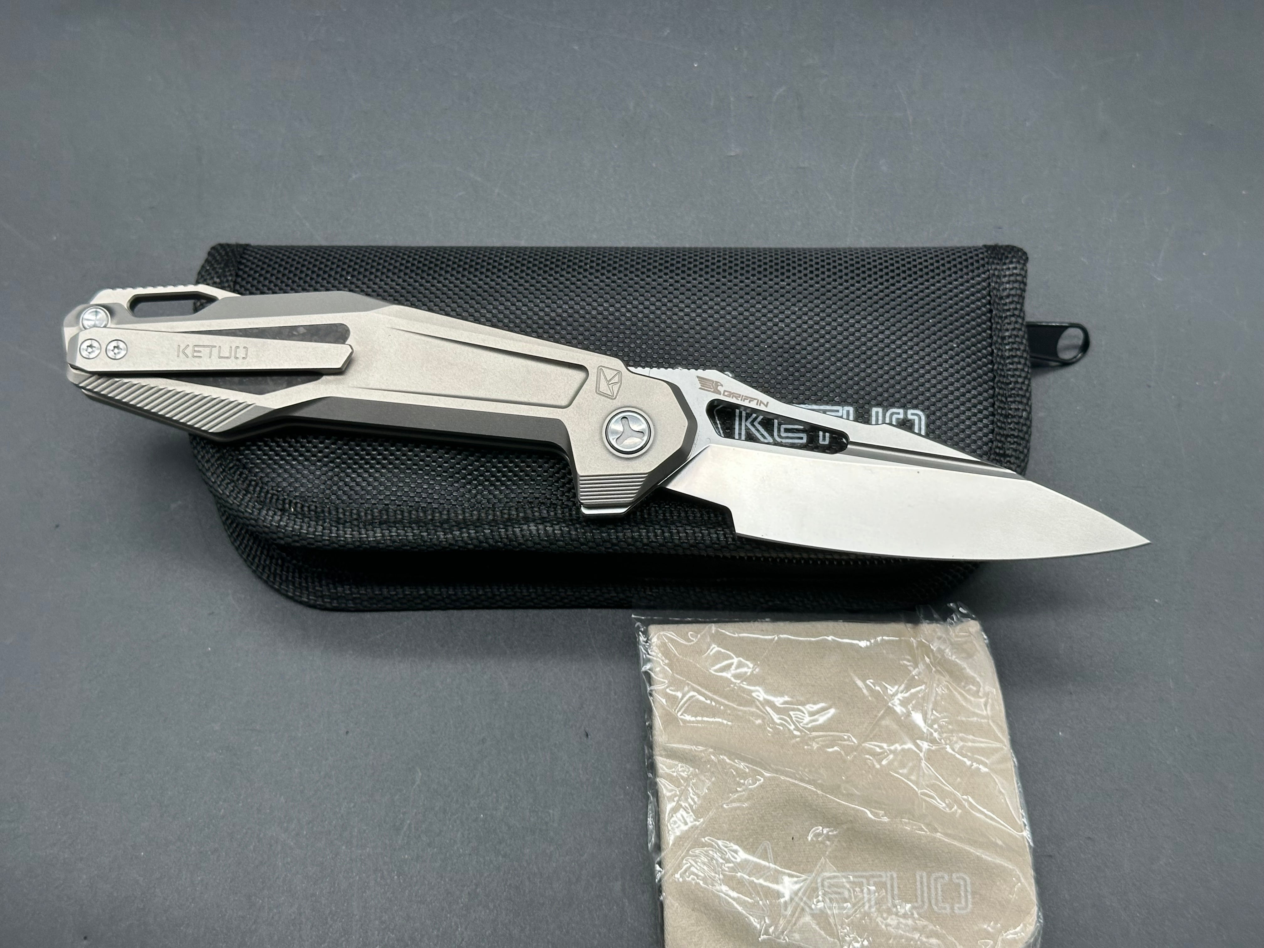 KETUO USA GRIFFIN V1 Liner Lock Folding Knife - Titanium Handle with Forged Carbon Fiber Inlay, M390 Steel Blade | EDC, Outdoor, Camping, Survival Gear